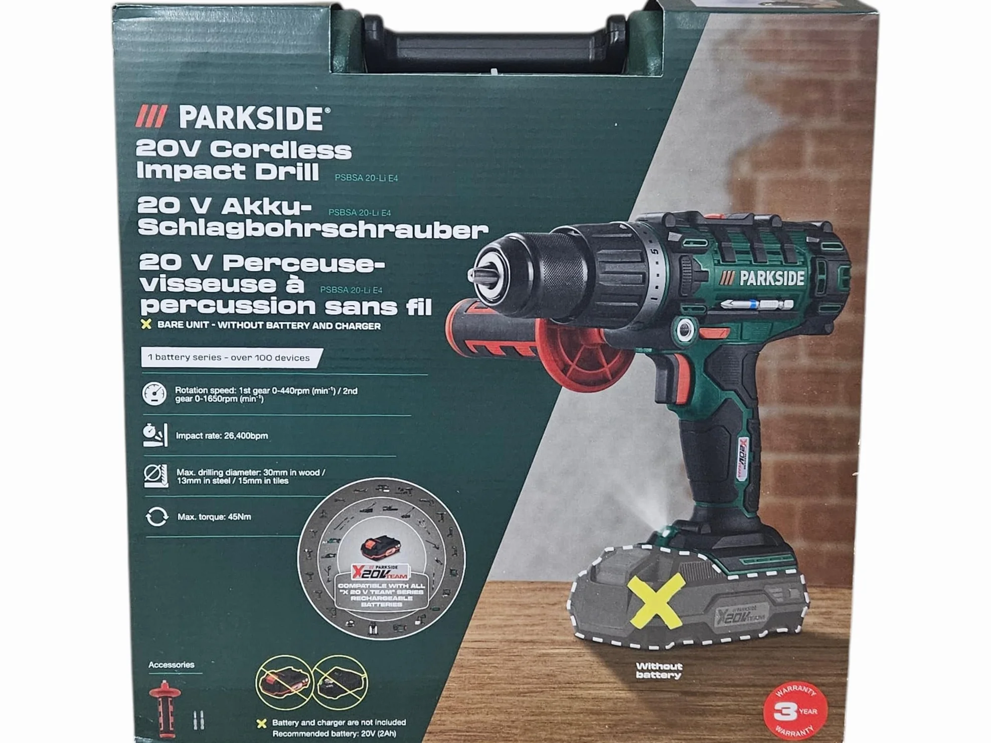 Parkside® - Trapano Avvitatore a Percussione 20 V 3 in 1, PSBSA 20-Li C3, Senza Batteria e Caricabatterie