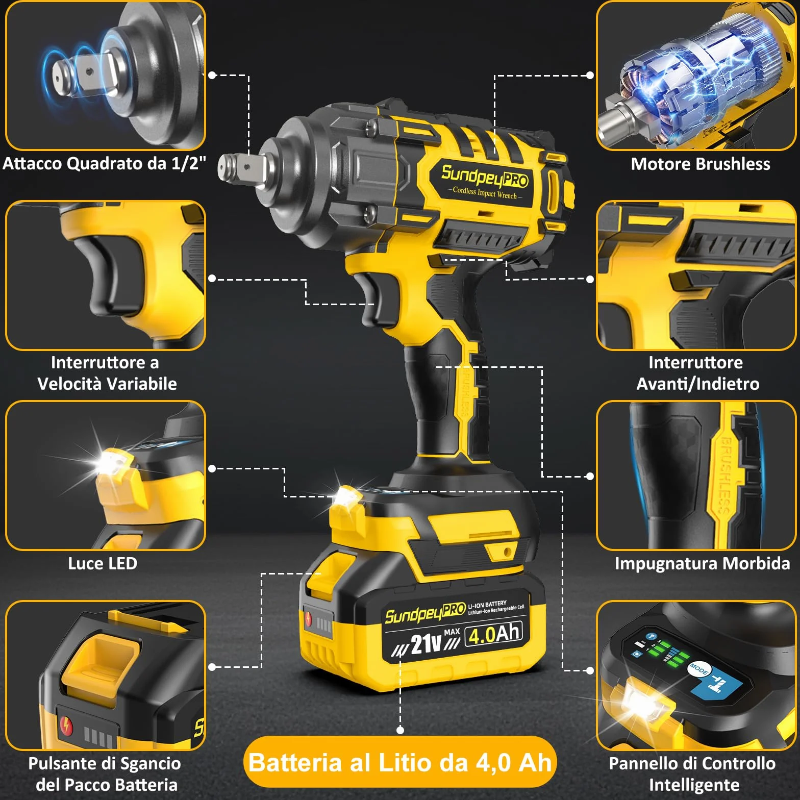 Avvitatore a Impulsi 1300Nm 21V 1/2" Brushless con 2 Batterie 4.0Ah 3 Velocità RSS Cassetta