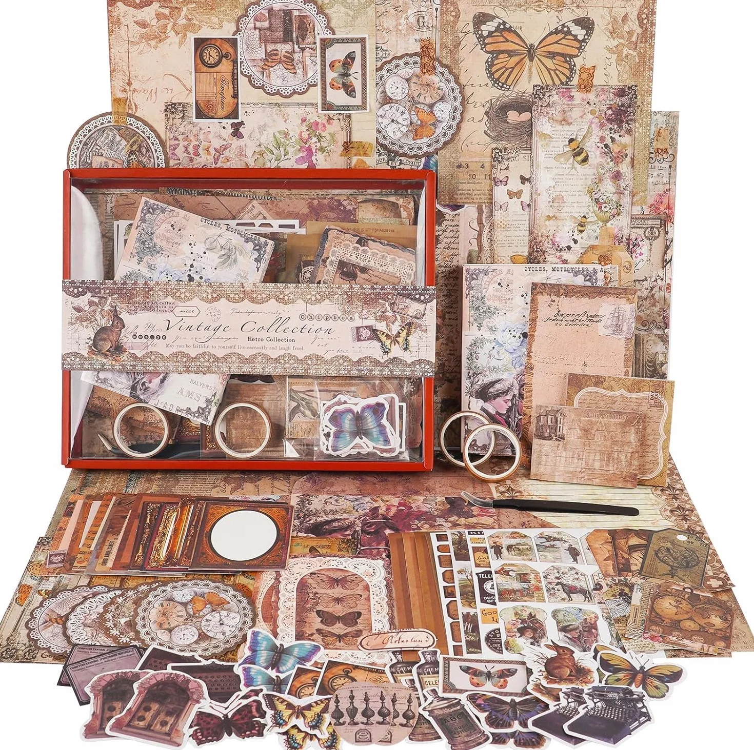 Funto Kit di Scrapbooking (96 PCS), Collezione Vintage-Glicine e Farfalla, Perfetto per Materiali di Bullet Scrapbooking, Planner DIY Arte e Collage