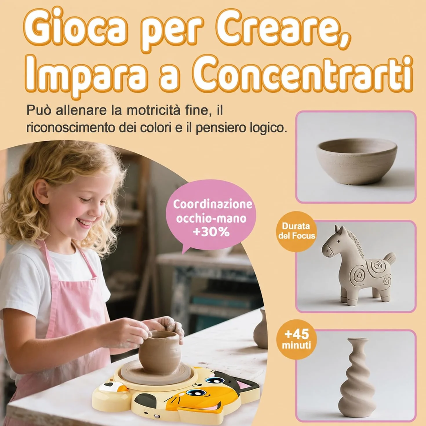 Tornio per Ceramica per Bambini - Kit Completo per Ceramica per Principianti, Set Creativo 6+ Anni con 3x Argilla ad Asciugatura all'Aria, Kit Ceramica fai da te Regalo Pasqua per Ragazzi e Ragazze