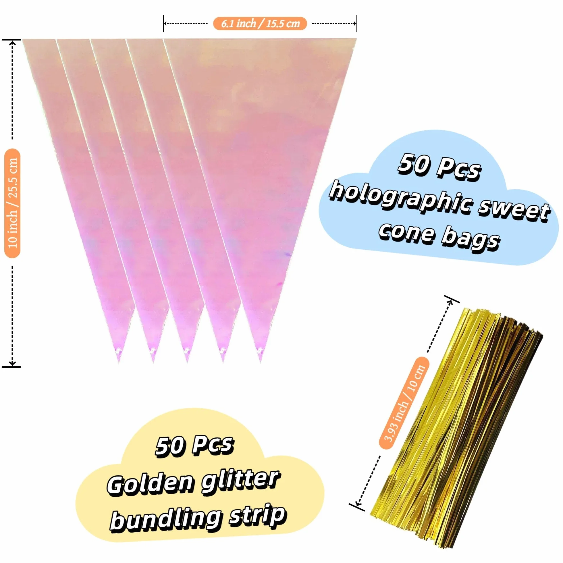 WACCOMT Pack 50 Sacchetti Regalo in Cellophane Olografico Iridescente a Forma di Cono con Chiusura a Laccio Sacchetti di Plastica per Bomboniere (Trasparente, 15.5x25.5cm (6.1x10 inch))