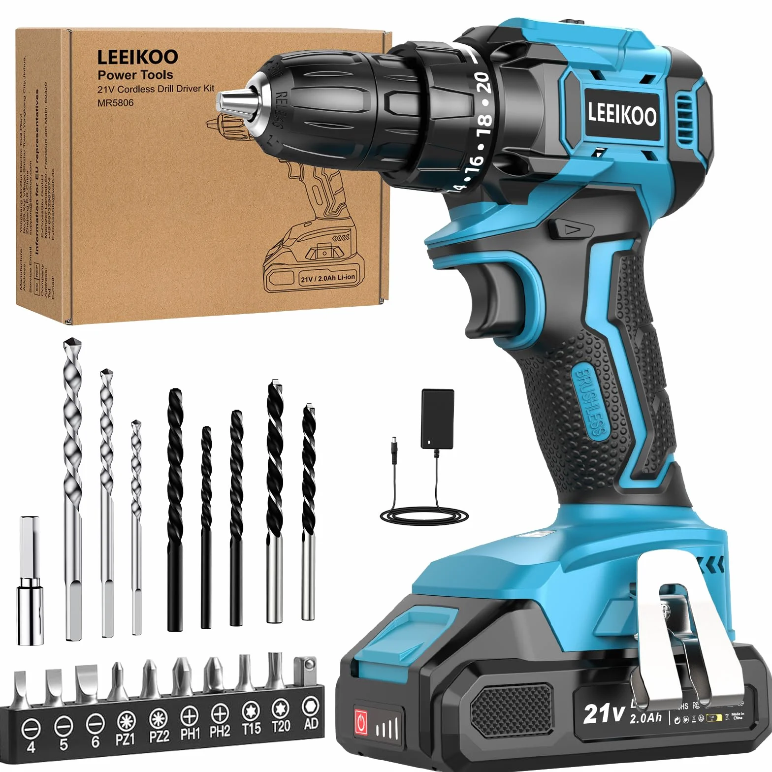 Brushless Trapano Avvitatore Batteria, LEEIKOO Avvitatore a Batteria 21V con Battery 2.0Ah, 45N.m Trapano Elettrico, 20 Coppie, 10mm Mandrino, 21 Accessori Per Casa Progetto, Fai da te, Blu