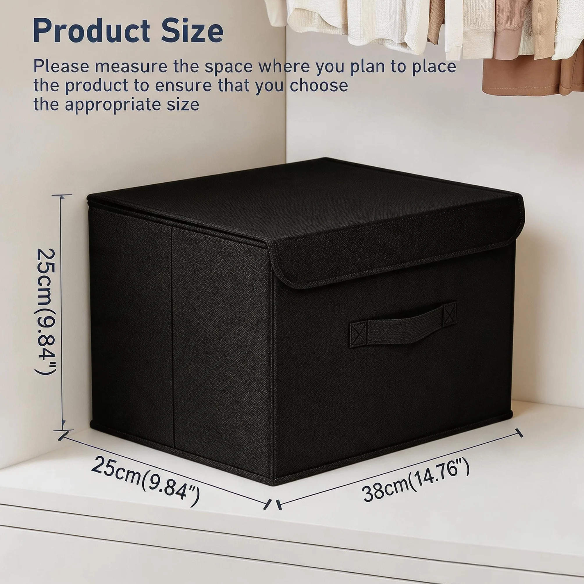 DIMJ Scatole per Armadio - Scatole Portaoggetti Contenitori con Coperchio Pieghevole, Scatola Porta Oggetti con Manici, Non Tessuto, per Armadio, Scaffali, 2 Pezzi, Nero, 38 x 25 x 25 cm