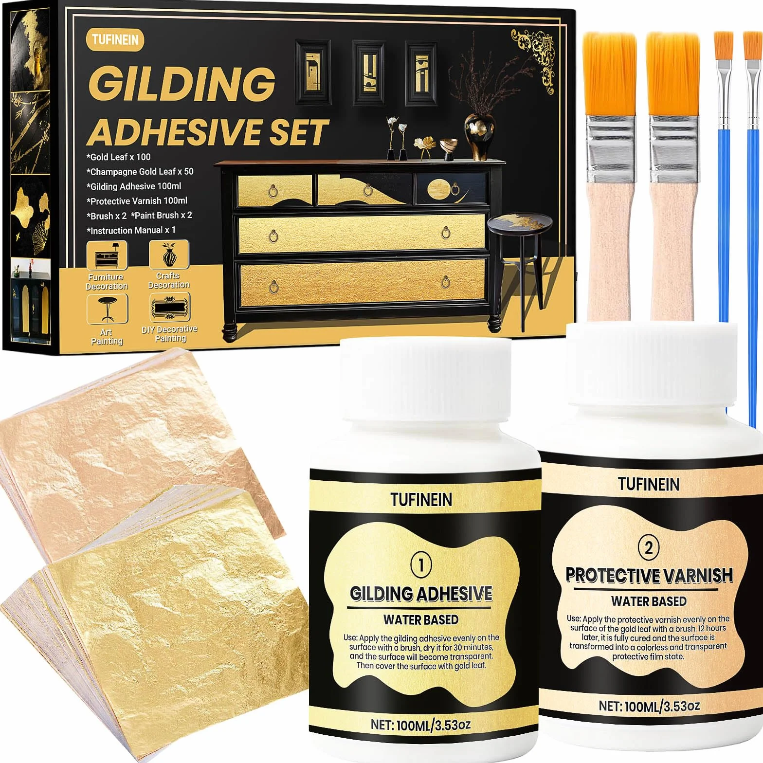 100ml Base d'Acqua Adesivo per Doratura e 100ml Vernice Protettiva, Foglia d'Oro e Champagne Oro Dorazione Kit, Mobili e Decorazione Artigianale, Pittura d'Arte, DIY Pittura Decorativa
