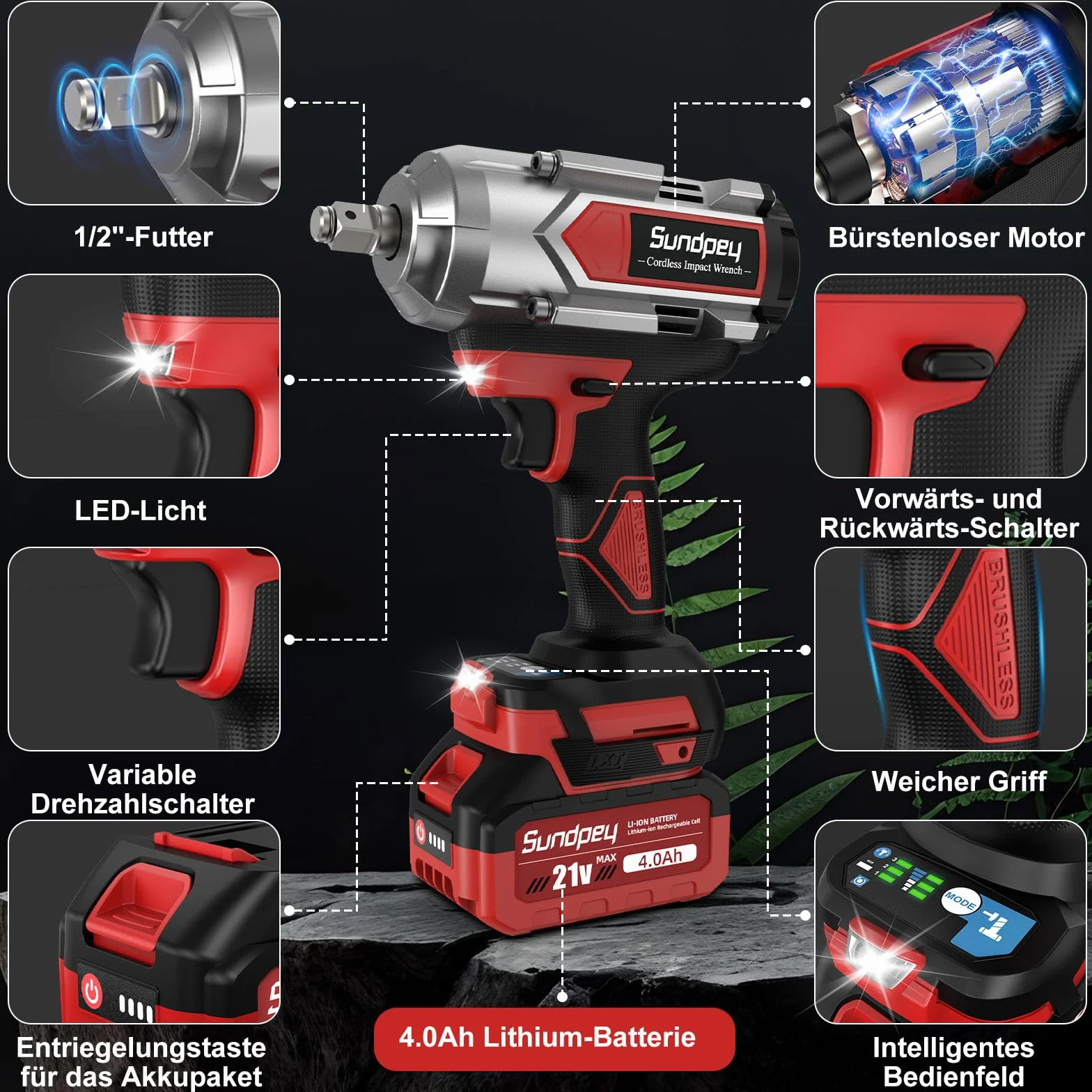 Avvitatore ad Impulsi a Batteria 1200 Nm 1/2" con 2 Batterie 4.0Ah, 6 Bussoli per Auto, Cantiere, Camion