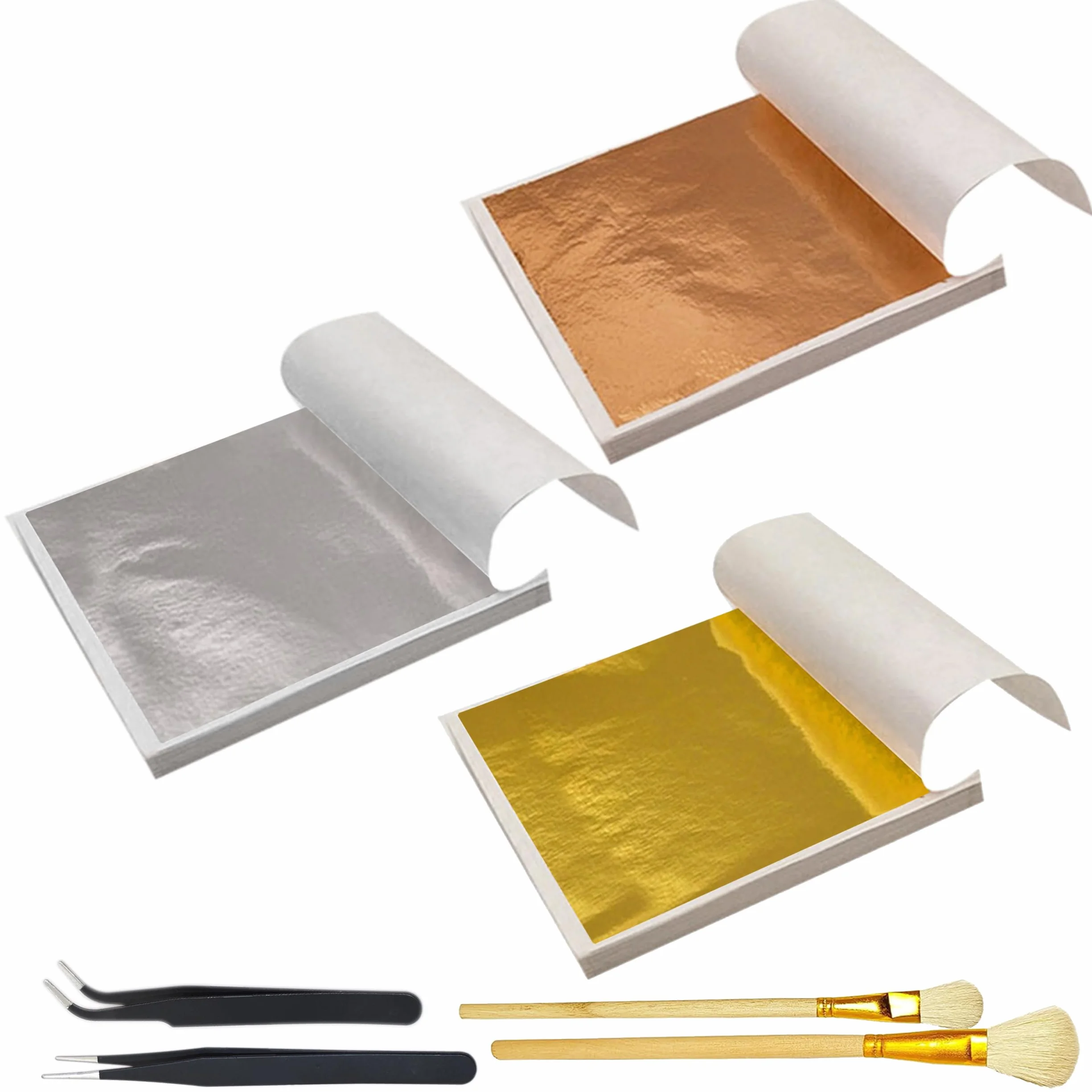 300 Fogli Foglia Oro per Fai da Te, Set con Pennelli E Pinzette Carta Dorata 8 x 8,5 cm, Oro Argento Finto per Progetti DIY Decorazione Artigianato