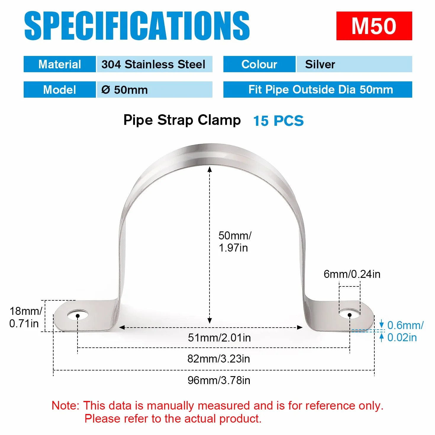 15 Pezzi Ø 50mm U-Fascette Stringitubo, Clip per Condotto con 2 Fori, Cinghia Rigida per Tubi in Acciaio Inox 304, per Tubi e Cavi