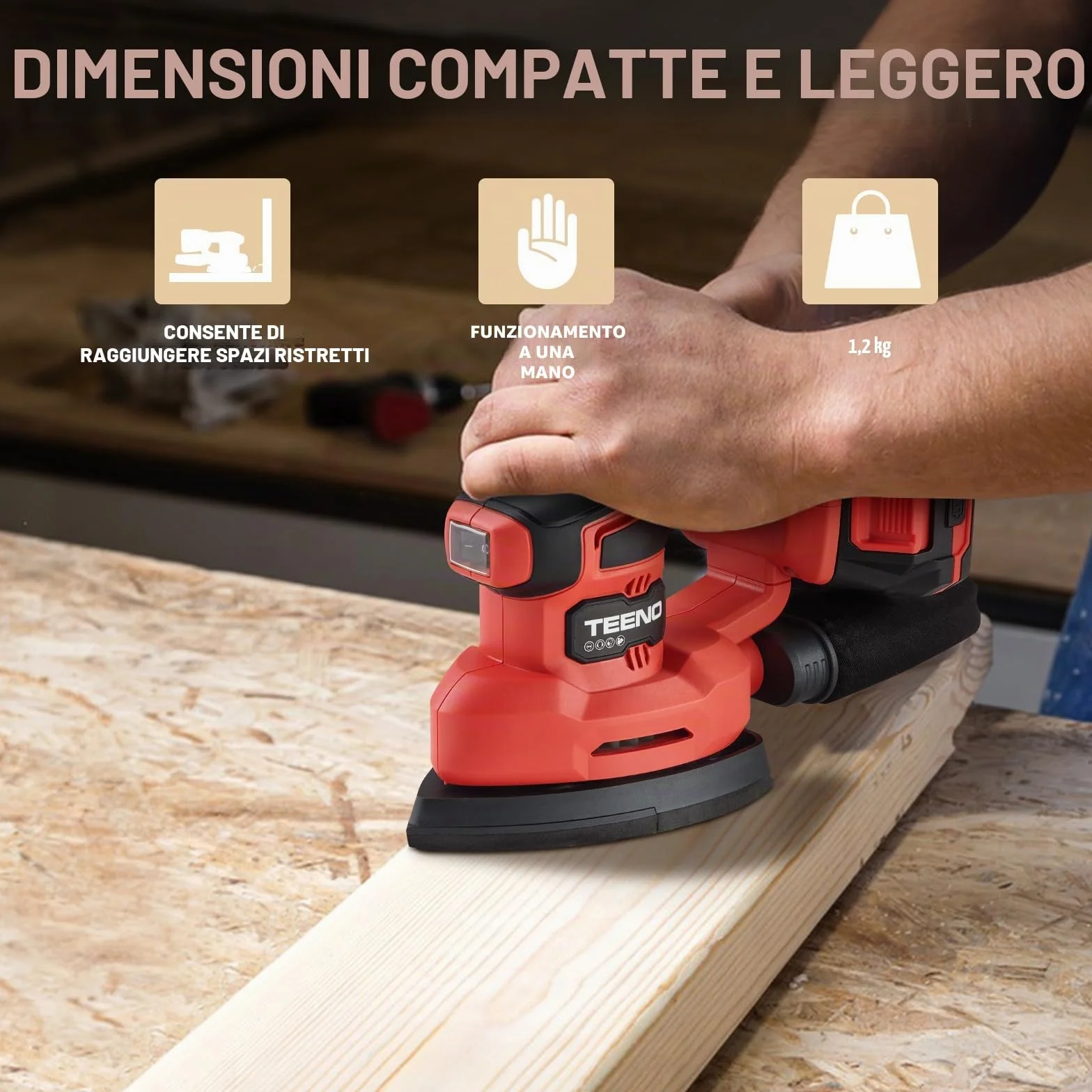 TEENO Levigatrice Senza Fili 3 in 1 20V 2Ah 13000 giri/min con Batteria e Sacchetto Polvere
