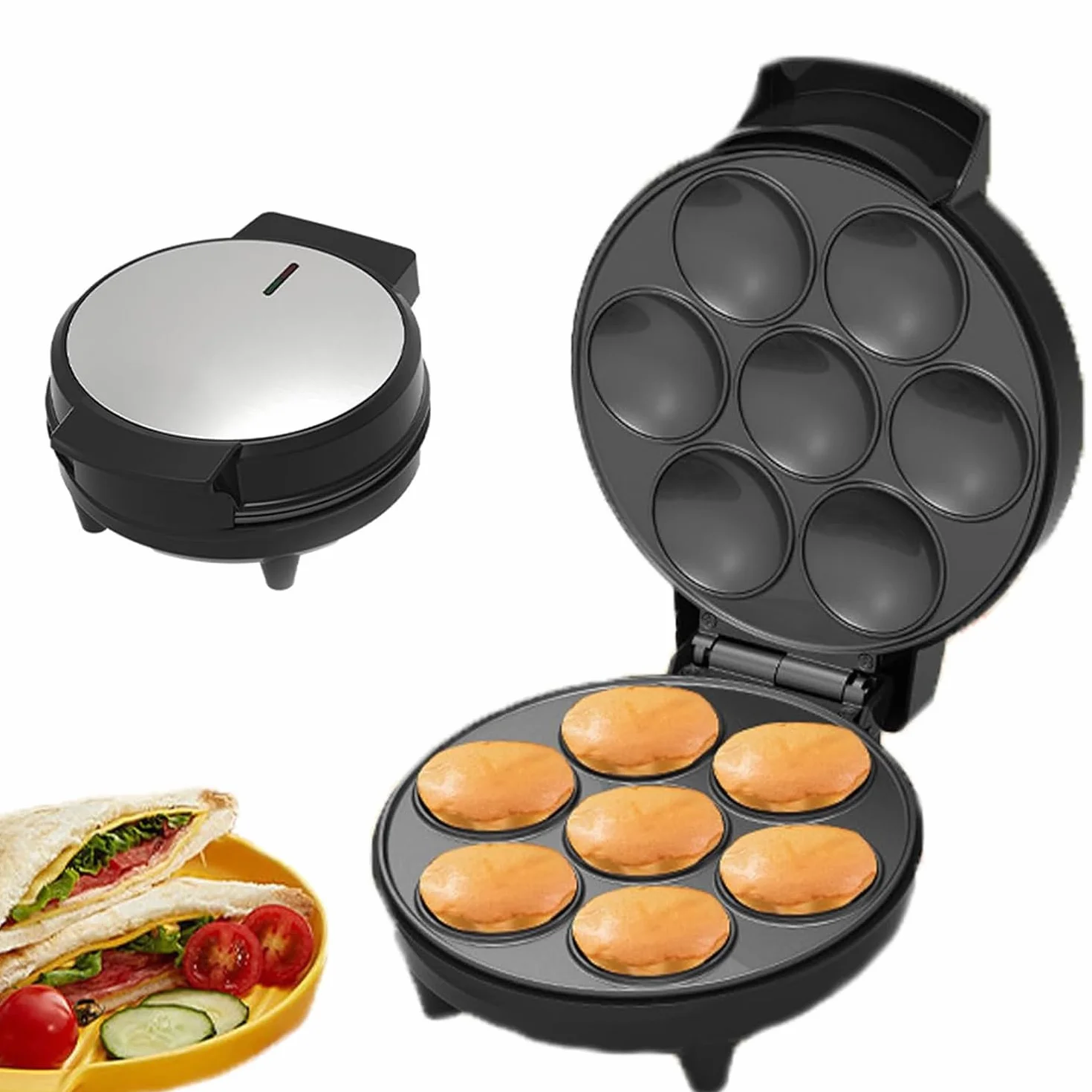 Macchina per cupcake elettrica, macchina per torte con rivestimento antiaderente da 1000 W, riscaldamento su entrambi i lati per 7 cupcake, adatta per cotture di compleanni, snack e dessert