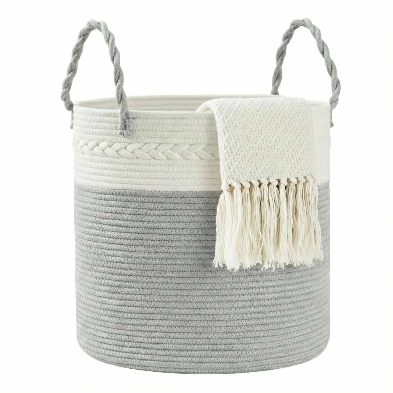 COSYLAND Cesto portabiancheria in cotone naturale - Pieghevole con manici portabiancheria sporca, Cesta portabiancheria per bagno, camera da letto e cameretta - 40x40x40cm (Grigio-bianco)