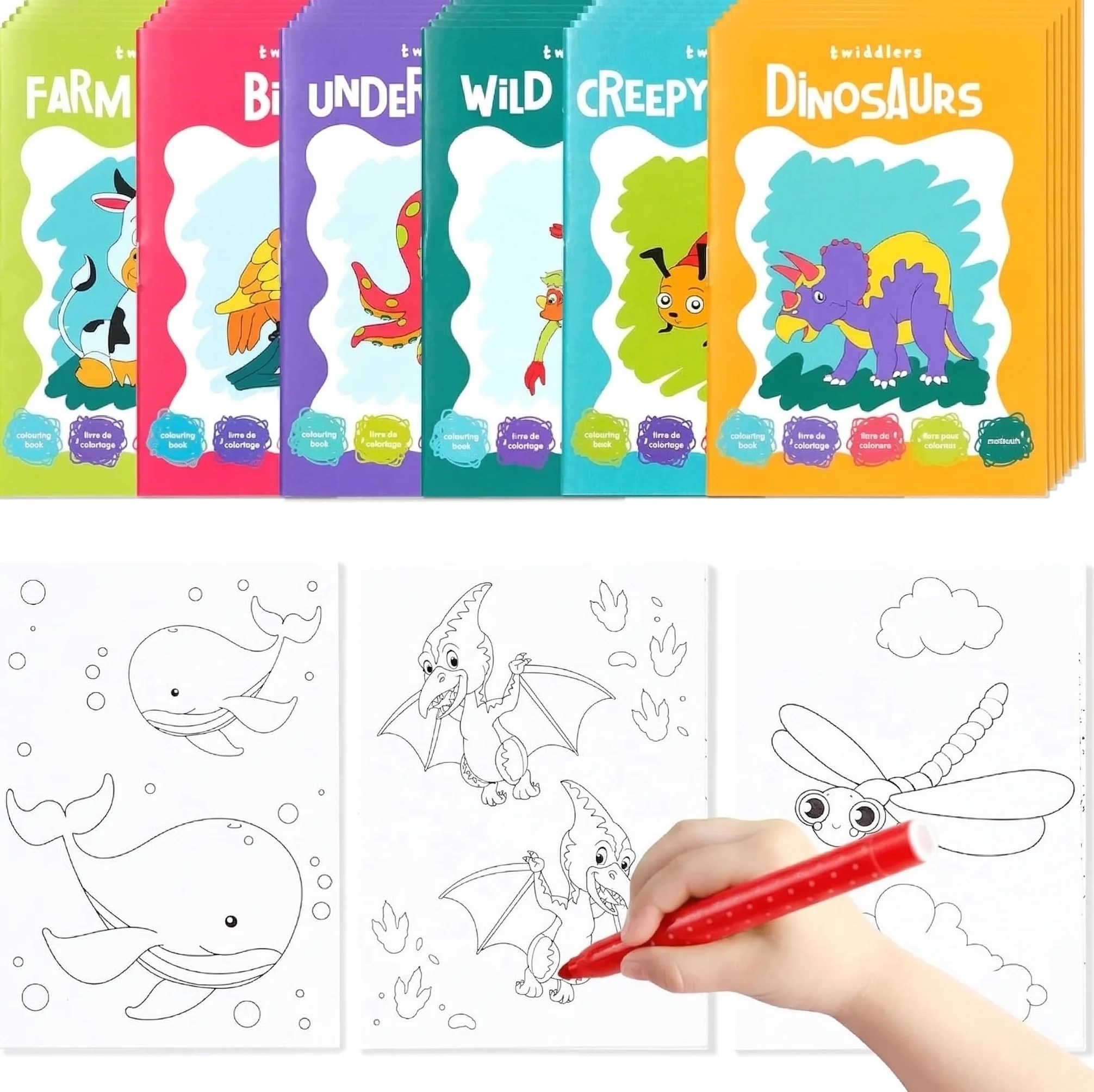 THE TWIDDLERS 24 Mini Libri da Colorare per Bambini, A6 - Divertenti Disegni di Animali Assortiti, Mini Libri per Borse da Desta, Set Regalo per Attività Artistiche per Bambini, Bomboniere per Feste