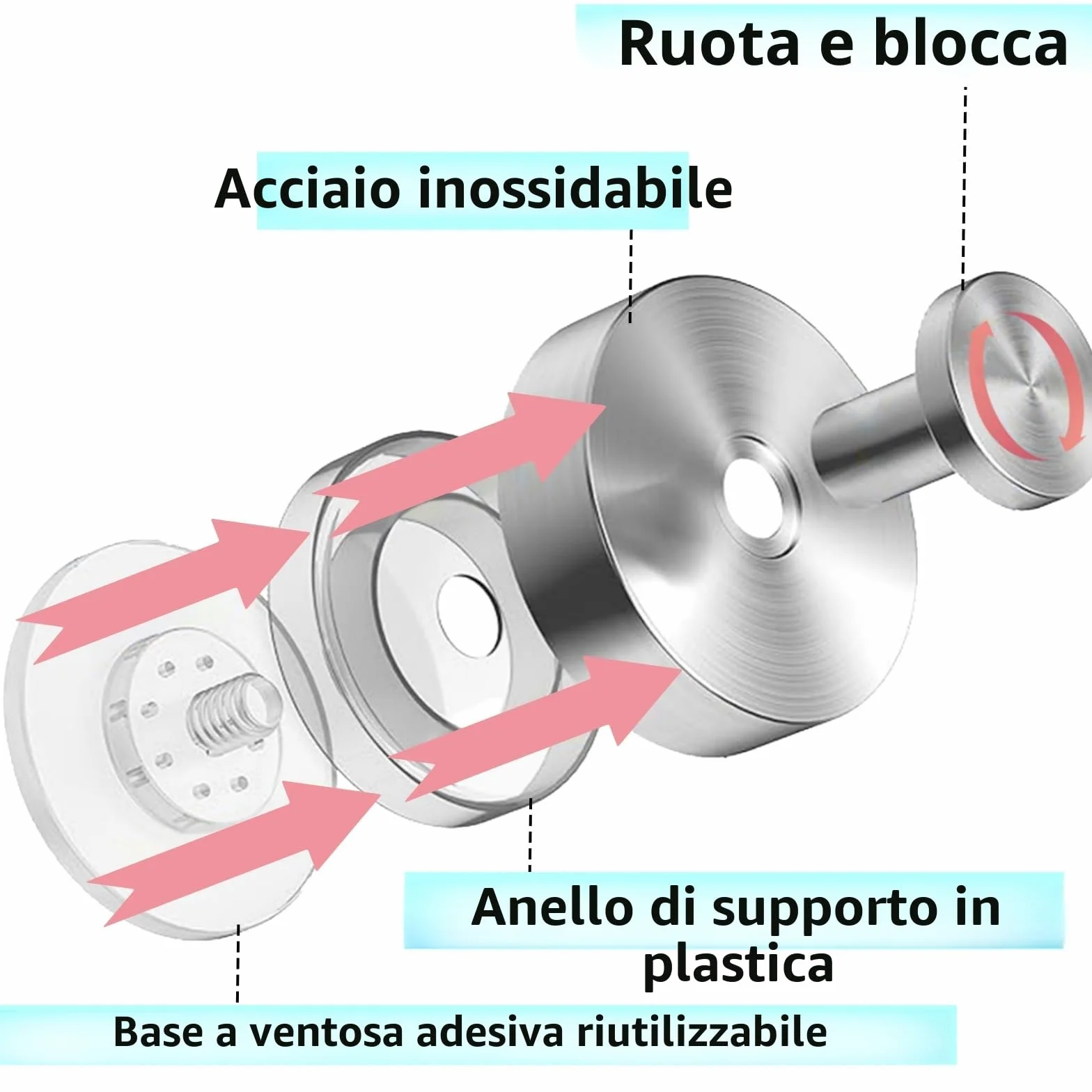Ganci a ventosa in acciaio inox per asciugamani, rimovibili senza fori, 4 pezzi (argento)