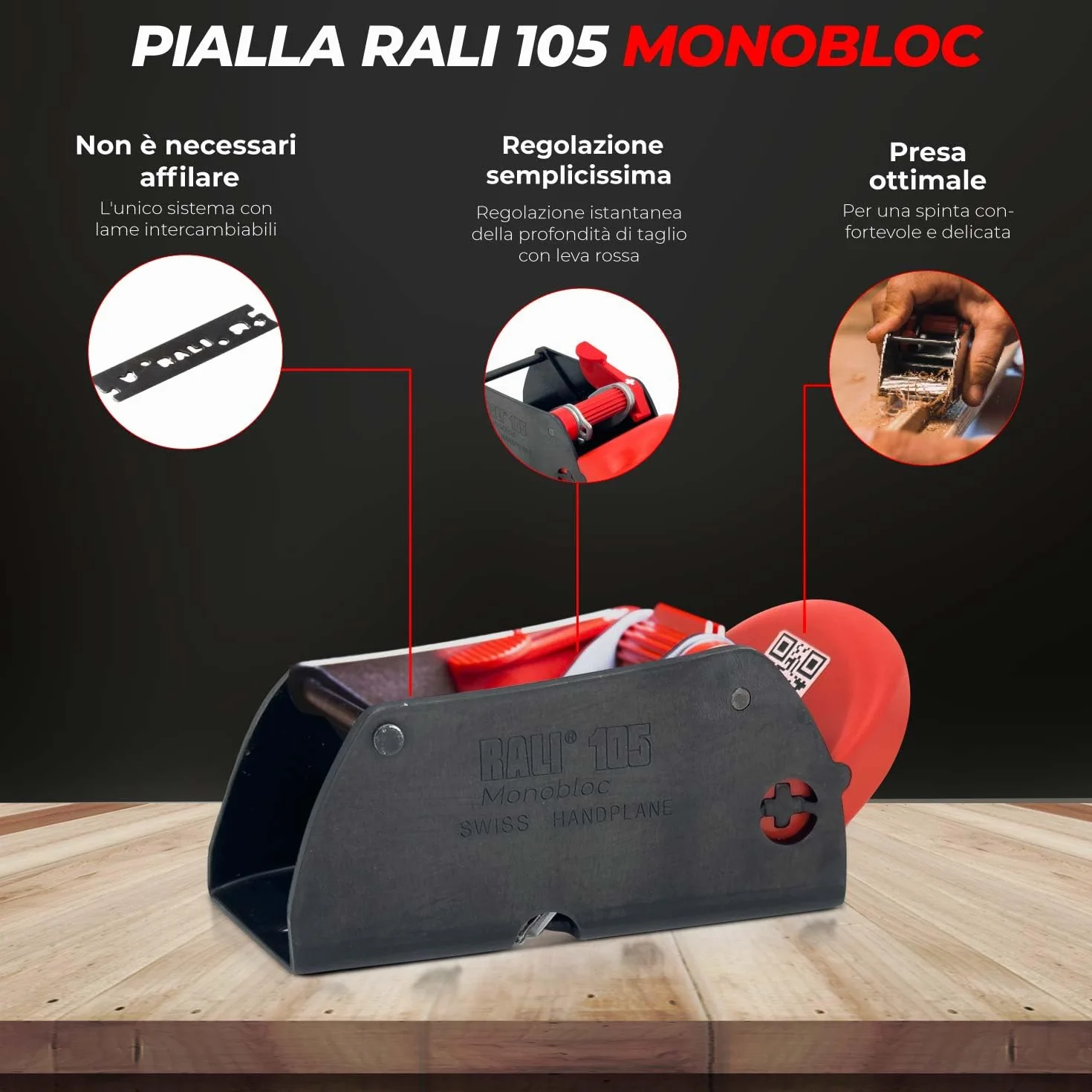 RALI 105 Piallatrice Manuale Monoblocco per Lavorazione del Legno | Piallatrice per Legno con Doppio Taglio Reversibile, Nessuna affilatura necessaria and Regolazioni ultra-facili