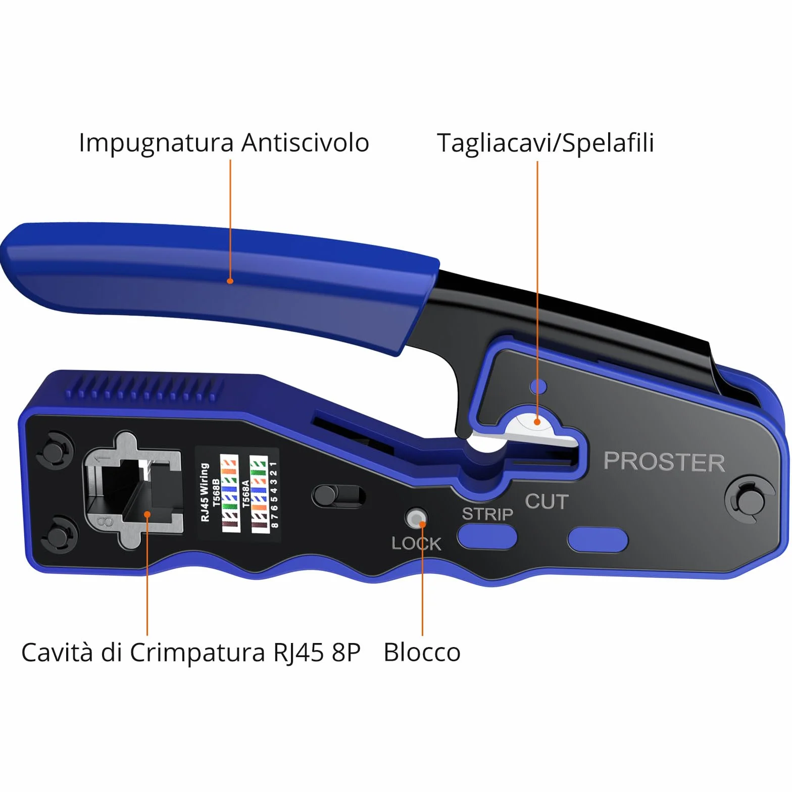 Proster Pinza Crimpatrice RJ45 Pass Through Multifunzione Spelafili per Cavo Rete RJ45 Cat6 Cat5 Cat5e Kit Strumento Crimpatura con 50pz Connettori Cat6 e Coperture di Protezione Blu