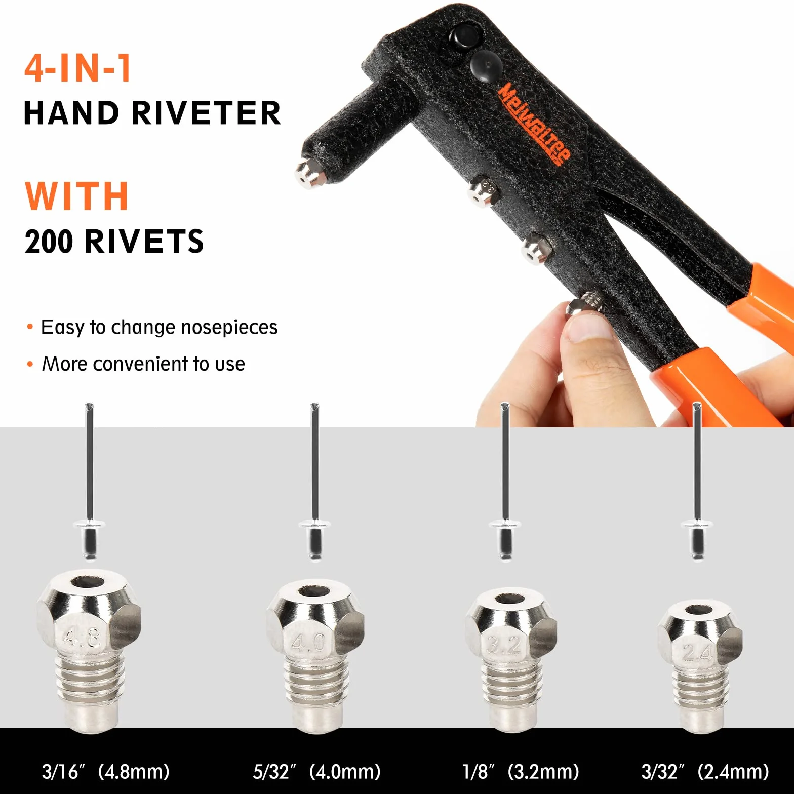 Rivettatrice Manuale 4 Misure 2,4-4,8mm 200 Pezzi Rivetti, Pistola Rivettatrice Robusta
