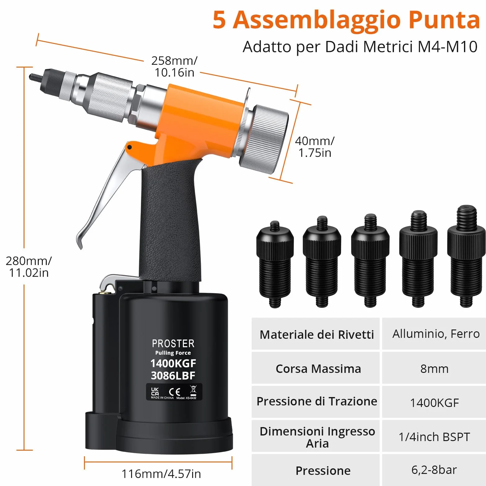 Proster Pistola Pneumatica per Rivetti Set Rivet Nut 5 Mandrini M4-M10 1400KGF Valvola Regolazione Pressione Custodia