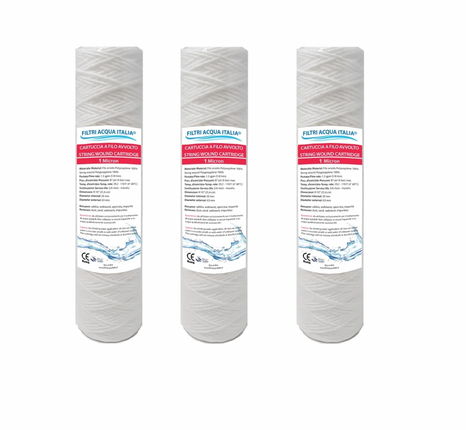 CARTUCCIA FILTRO FILO AVVOLTO 10 POLLICI MICRON 1 POLIPROPILENE SEDIMENTI SET 3 PEZZI