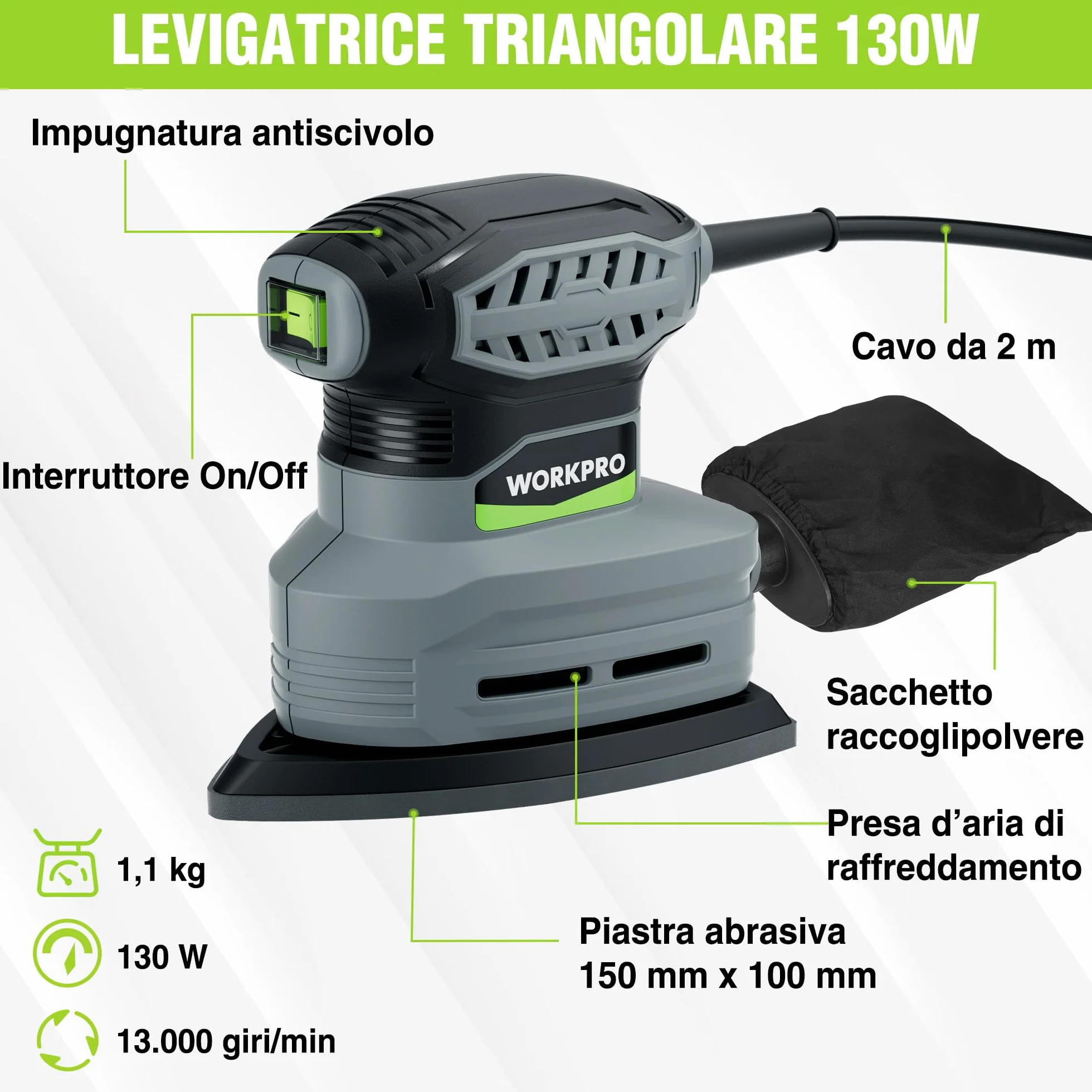 WORKPRO Levigatrice Delta 130W 13.000 giri/min con aspirazione polvere 20 fogli abrasivi