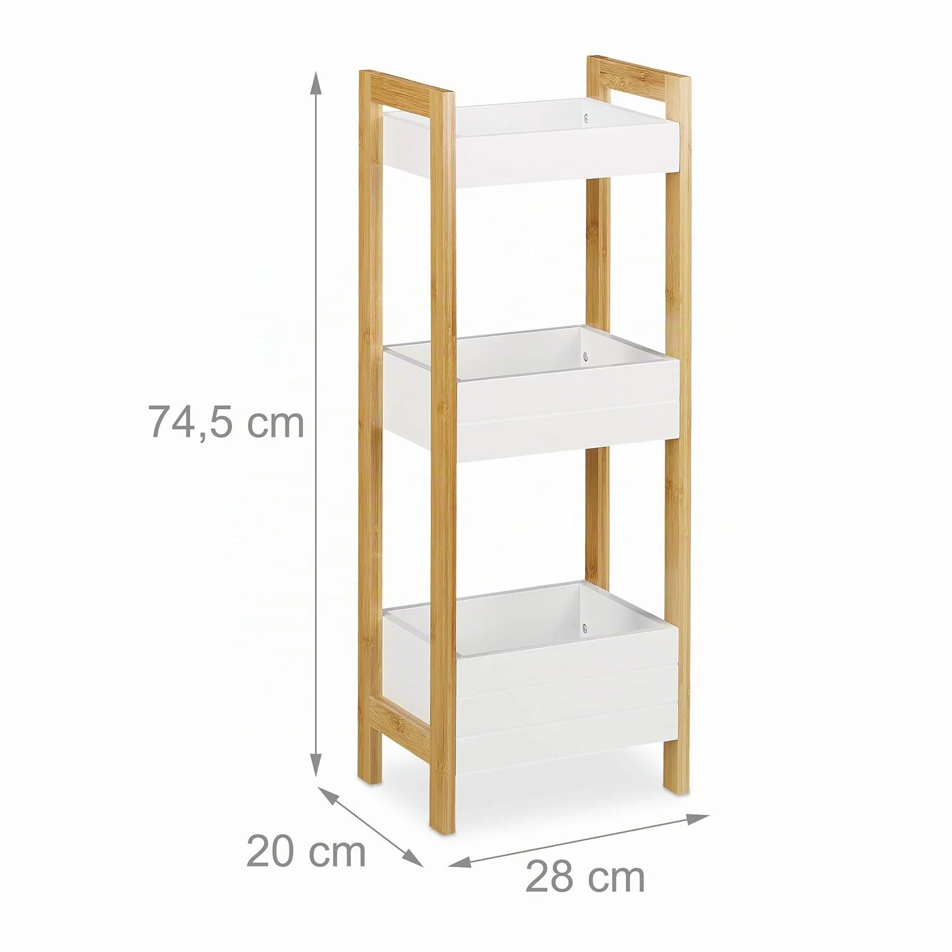 Relaxdays Scaffale Bagno con 3 Cesti, a Colonna in bambù e MDF, 74,5 x 28 x 20 cm, Mensole Salvaspazio, Naturale/Bianco