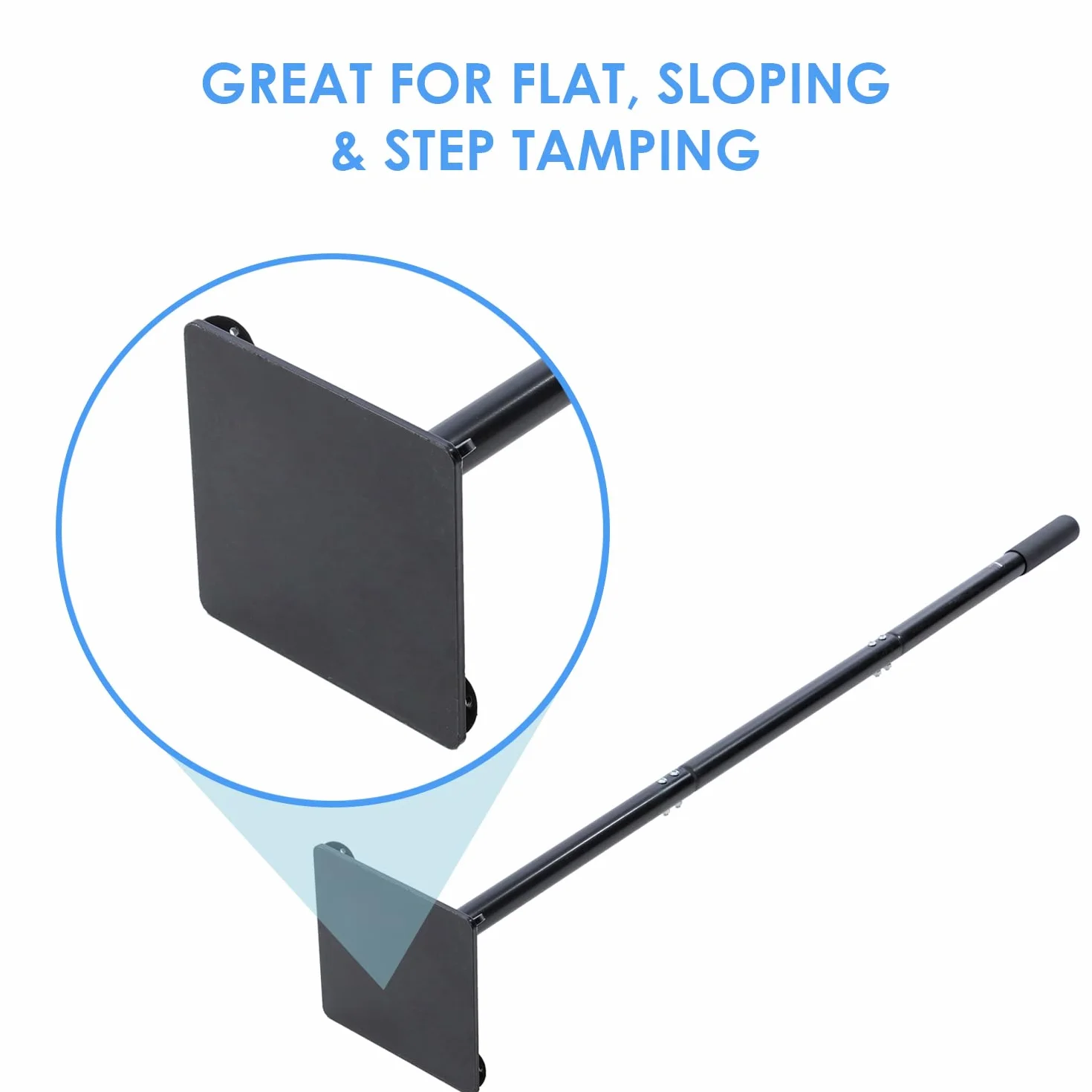 KATSU Tools Tamper in acciaio resistente - Base quadrata 200 mm x 200 mm, manico rimovibile a 3 sezioni per inceppamento, livellamento del suolo, ghiaia, ciottoli e riparazione del suolo