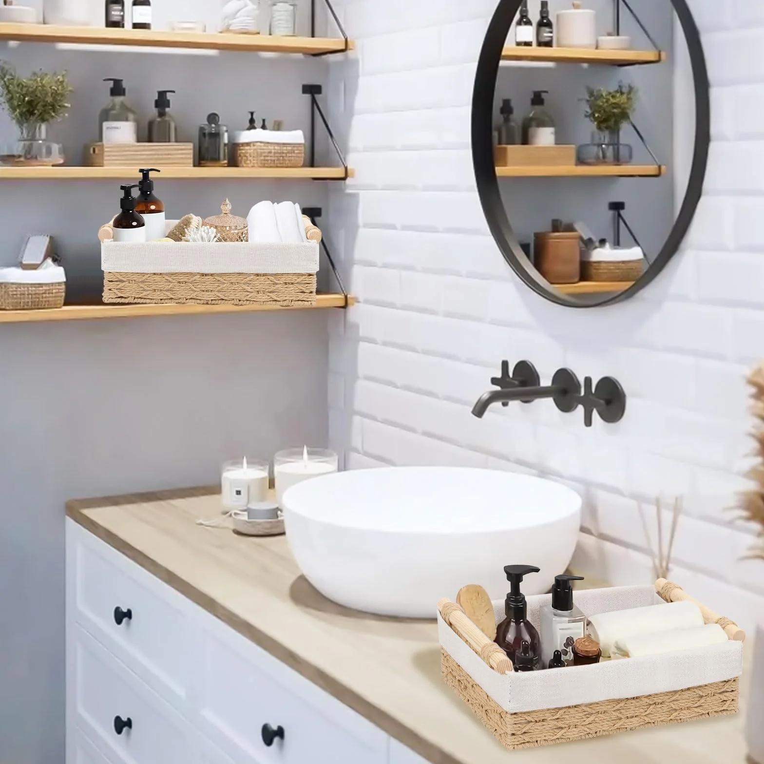 GAESHOW 2 cestini portaoggetti intrecciati, organizer per scaffali, cesti decorativi per bagno, cucina, casa, scrivania (beige)