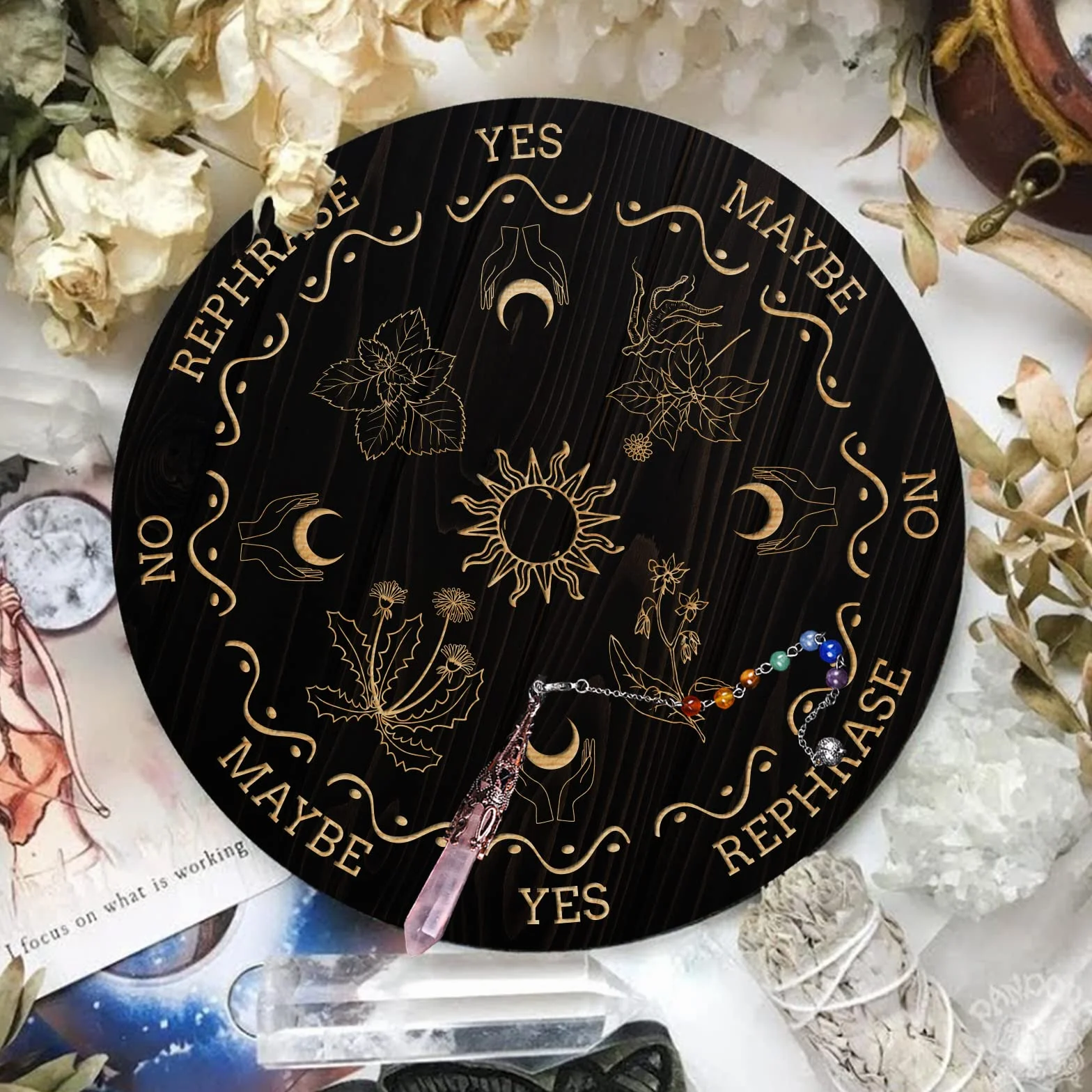 ANAHDMAKER Planchette per Rabdomanzia In Legno 7.8" con Pendoli In Cristallo di Quarzo Rosa Strumenti Divinazione