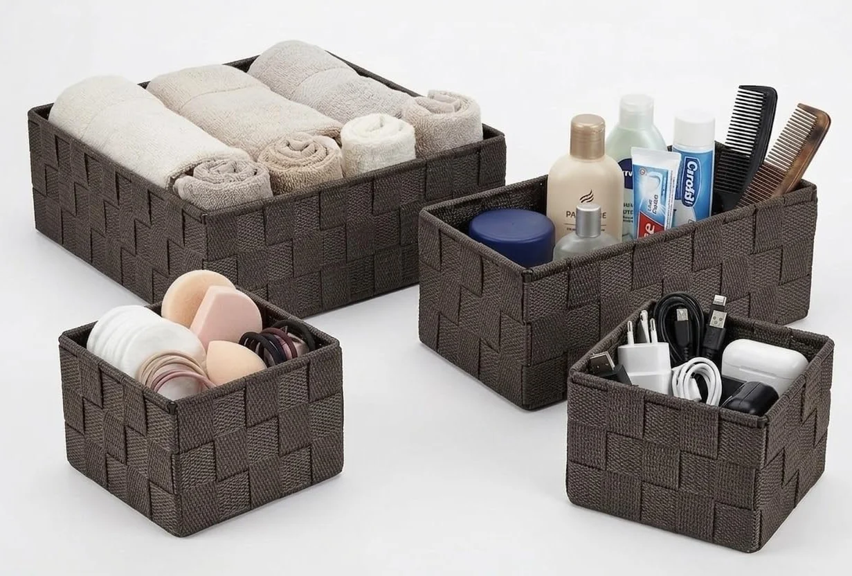 OCEANO Set 4 Cestini Portaoggetti Intrecciati Organizer Bagno e Cassetti Scatole Salvaspazio in Tessuto per Trucchi Asciugamani Accessori (Marrone)