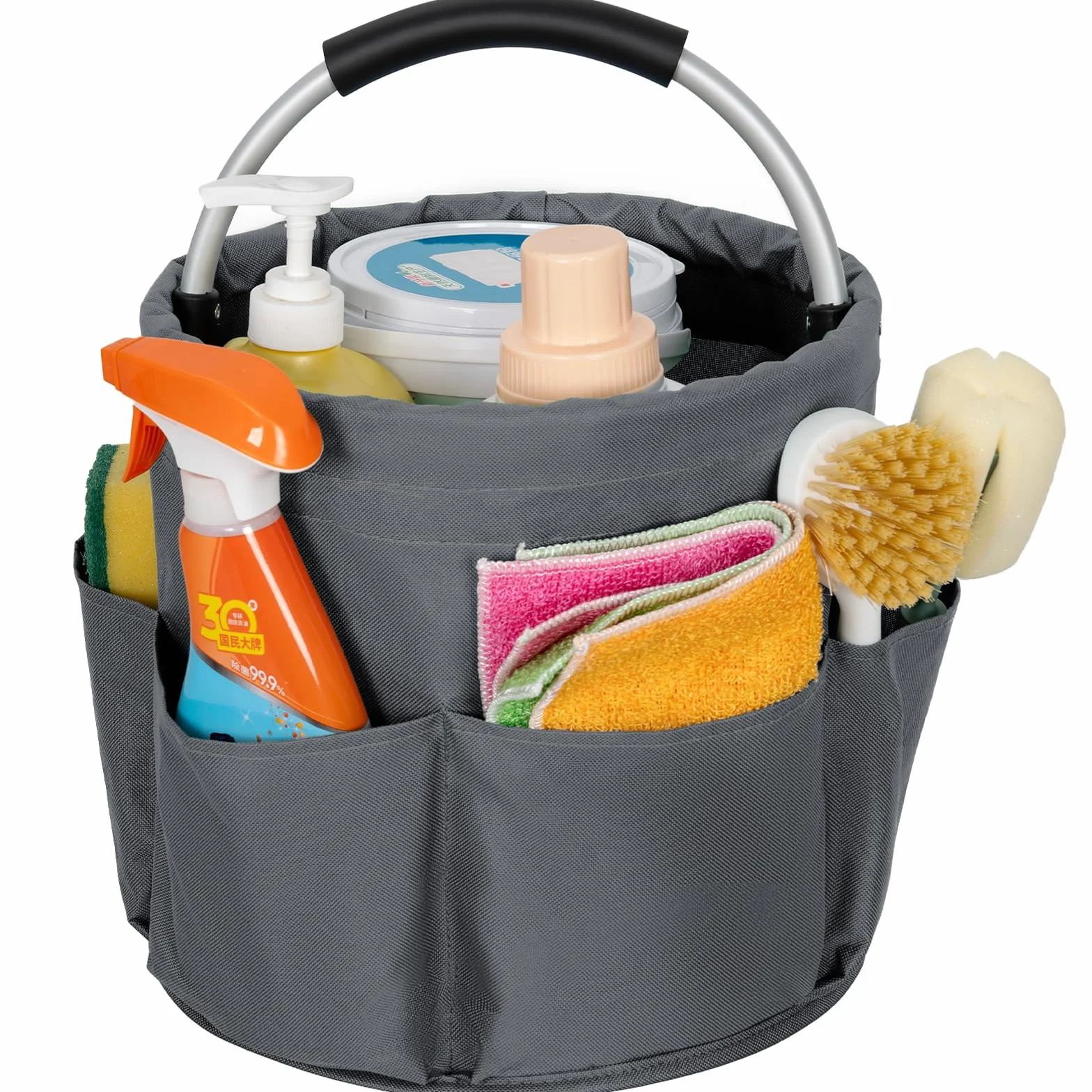 Contenitore per la pulizia con manico pieghevole, organizer tasche, borsa strumenti grigio