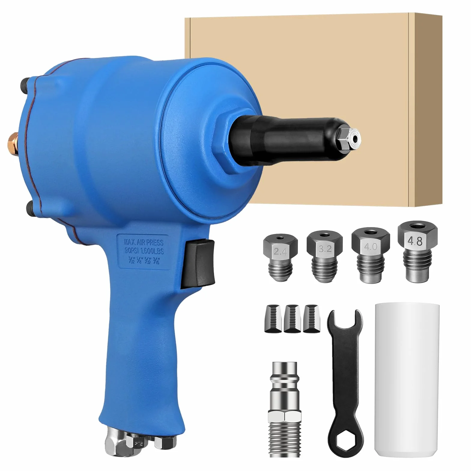 Set Rivettatrice Pneumatica Autoaspiranti Forza Trazione 1000KGF 4 Bocchette 2,4-4,8mm Pistola Rivettatrice Aria Compressa