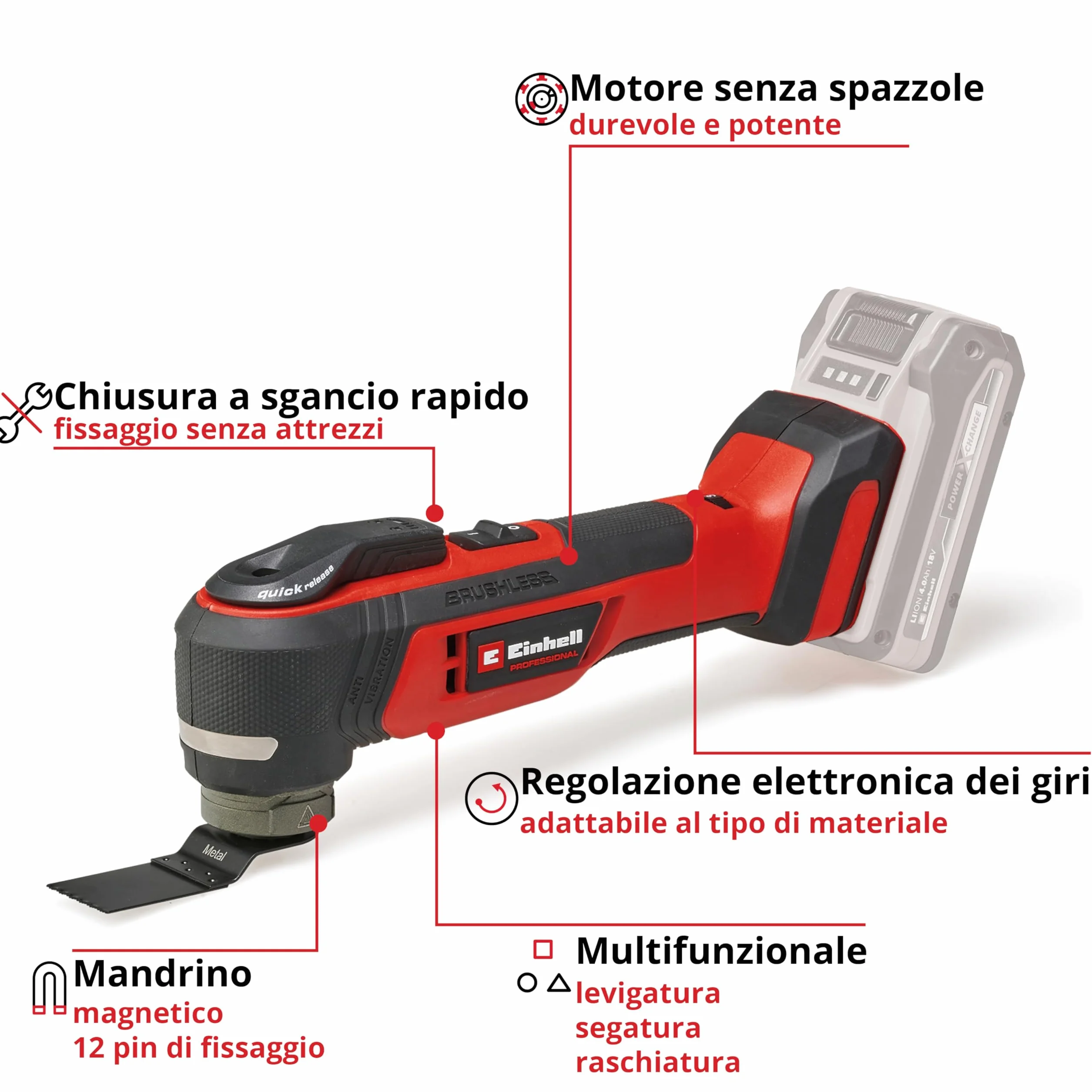 Einhell Professional utensile multifunzione TP-MG 18 Li BL-Solo Power X-Change (18 V, 3 funzioni, mandrino magnetico, accessorio incluso, batteria esclusa)