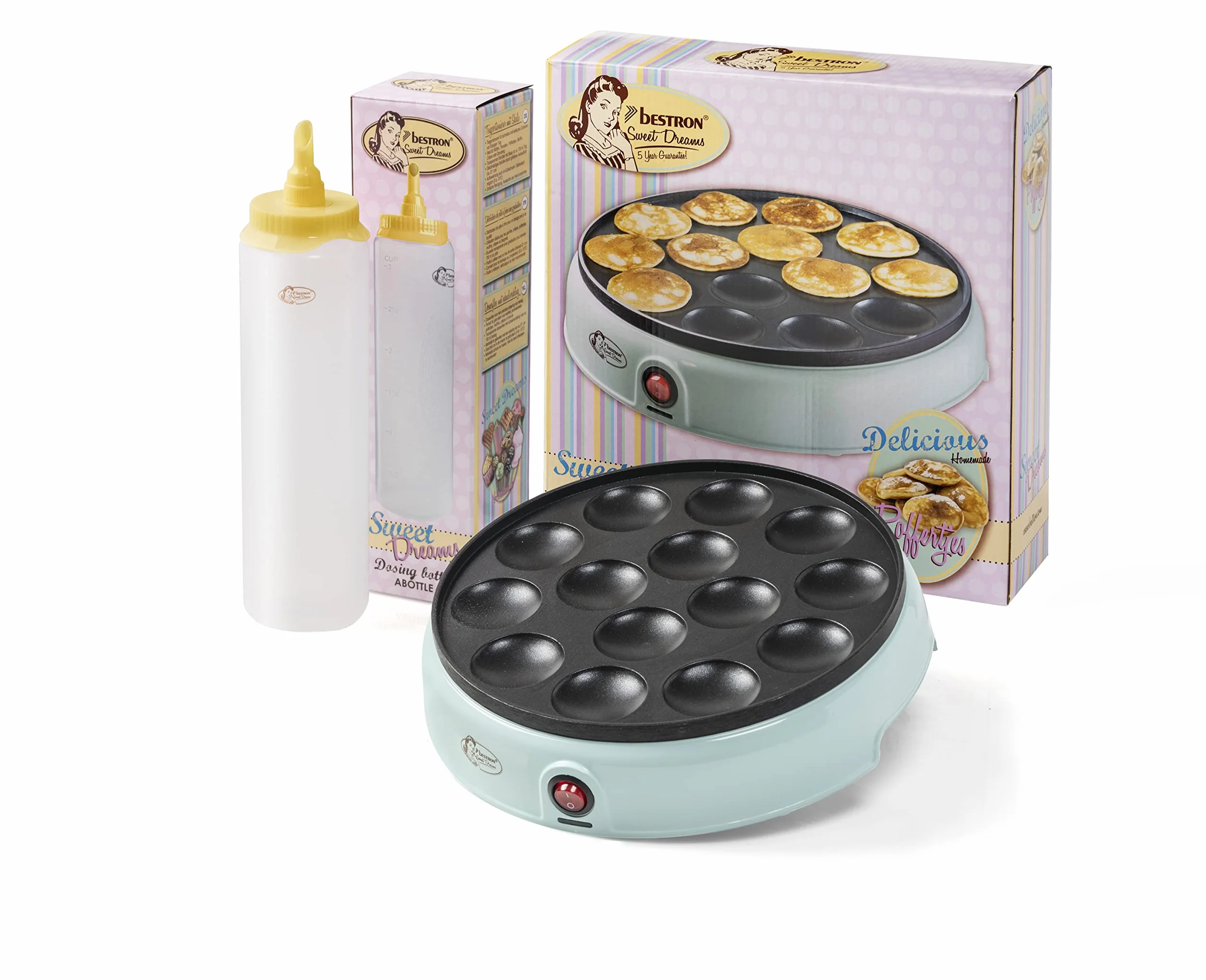 Bestron Poffertjesmaker, confezione vantaggiosa con bottiglia da 700 ml, ideale per Natale, Pasqua o compleanno per bambini, design retrò, 800 Watt, colore: menta/giallo