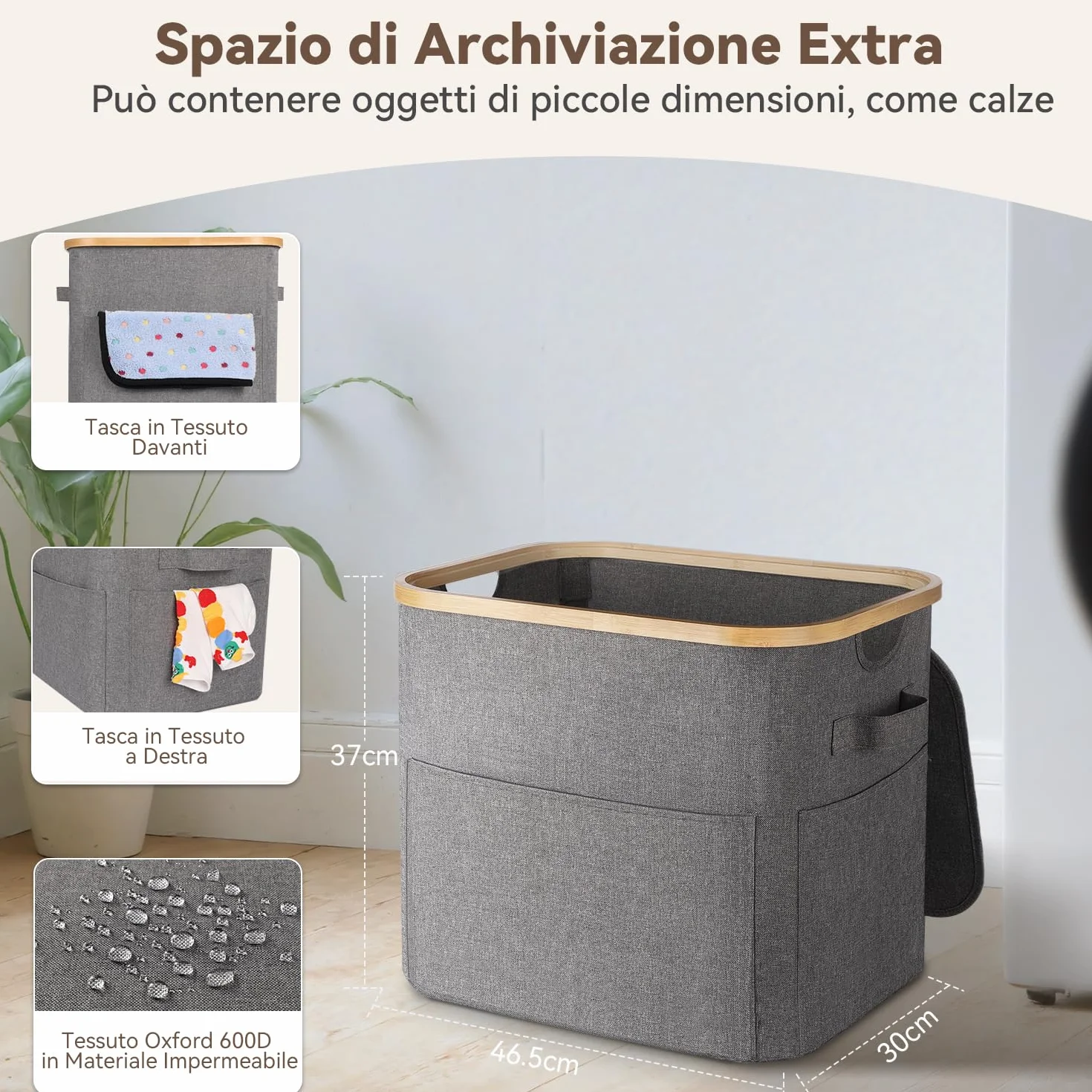 OUSFOT Cesto Portabiancheria Sporca 50L, Cesta Panni Sporchi con Grandi Tasche Anteriori e una Robusta Maniglia, Impermeabile Laundry Basket Per Armadi a Muro, Camere da Letto, Lavanderie, Bagno