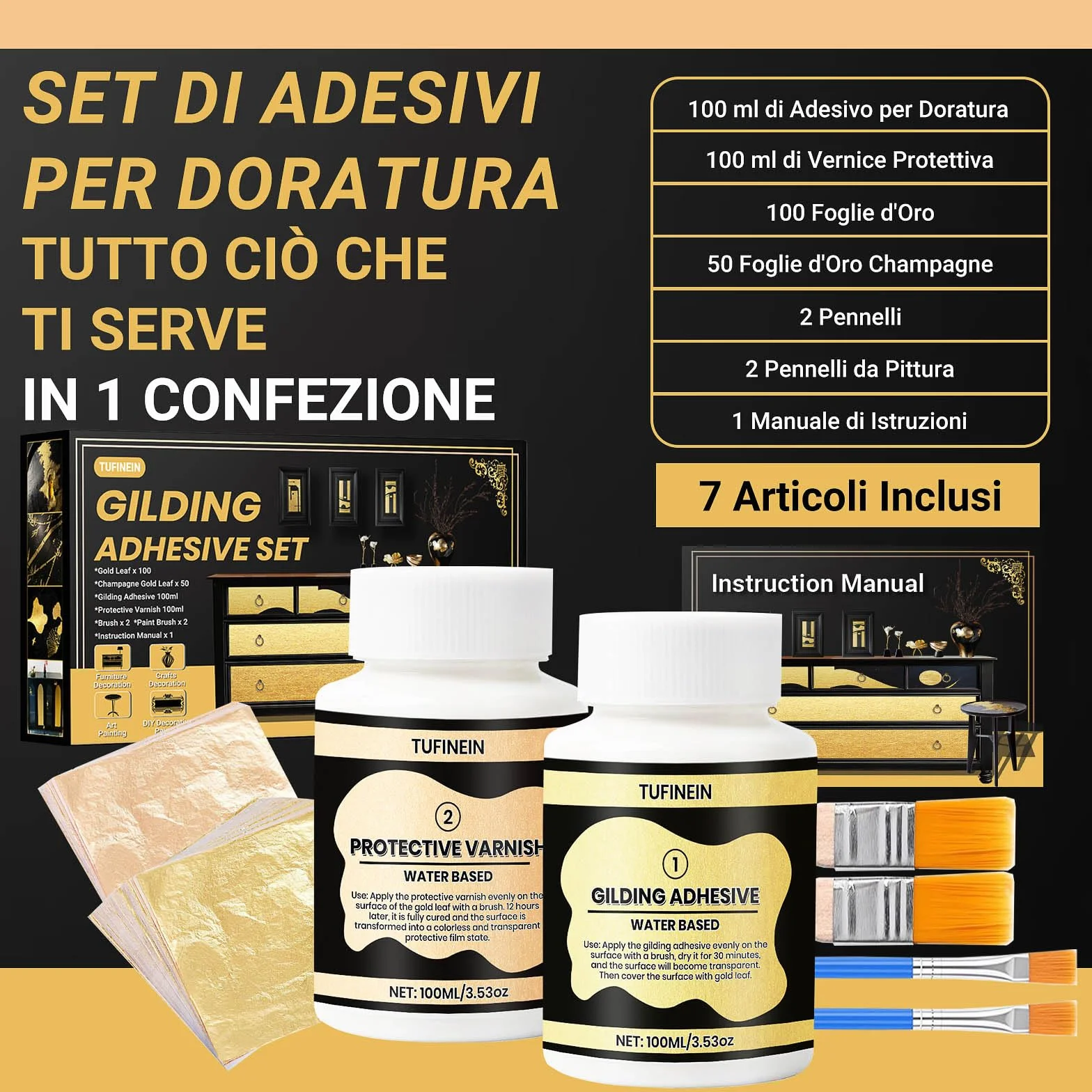 100ml Base d'Acqua Adesivo per Doratura e 100ml Vernice Protettiva, Foglia d'Oro e Champagne Oro Dorazione Kit, Mobili e Decorazione Artigianale, Pittura d'Arte, DIY Pittura Decorativa