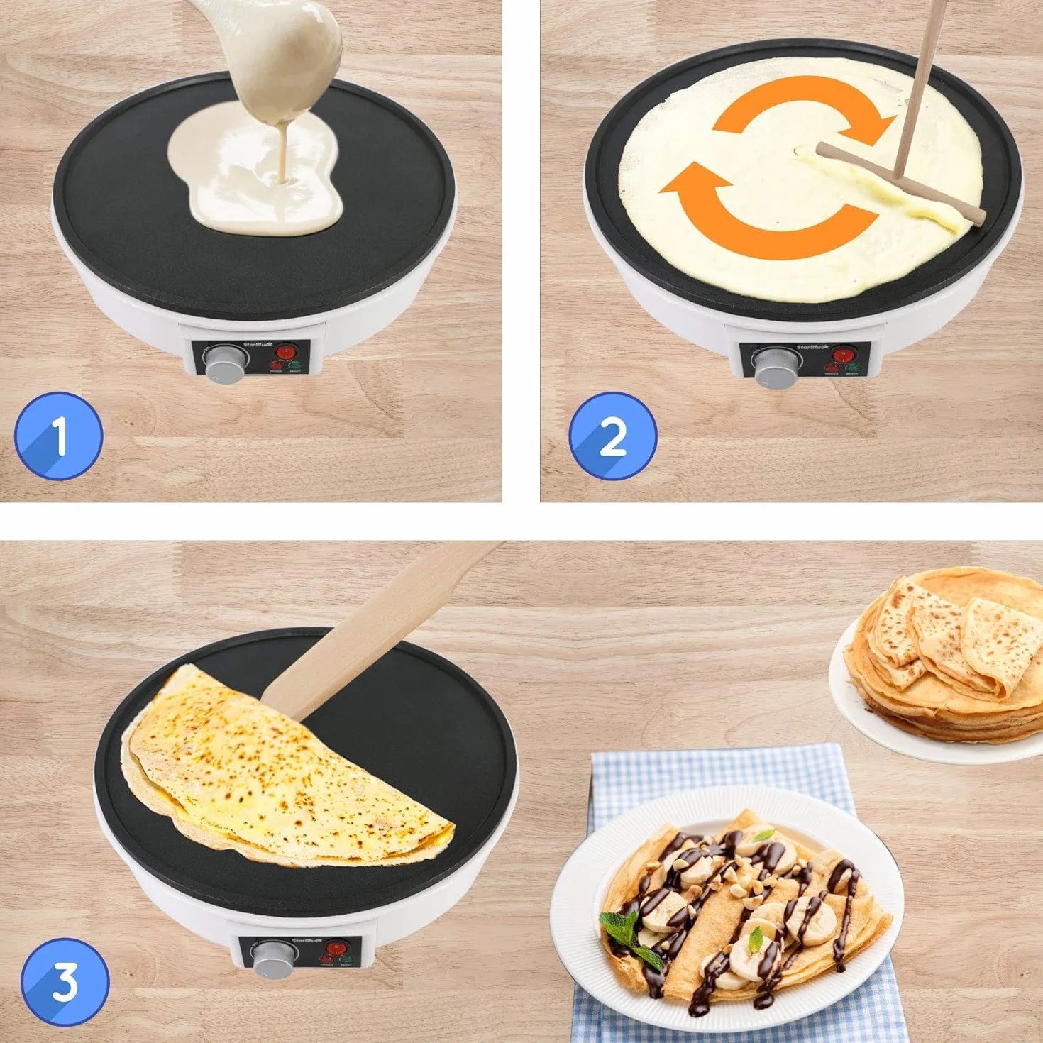 Macchinetta per Crepe Elettrica da 30.5cm Della StarBlue con Spatola di Legno - AC 220-240V 50/60Hz 1000W, Spina del Regno Unito, Adattatore Europa Incluso