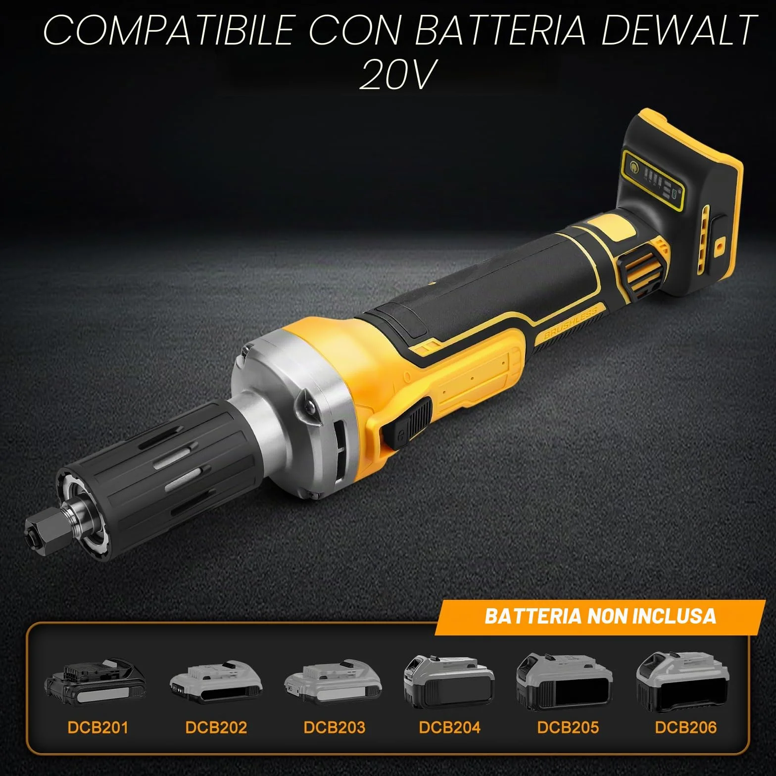 Smerigliatrice a batteria compatibile con Dewalt 20V batteria (senza batterie), elettrica dritta senza spazzole, 3-6 mm mandrino, 4 velocità