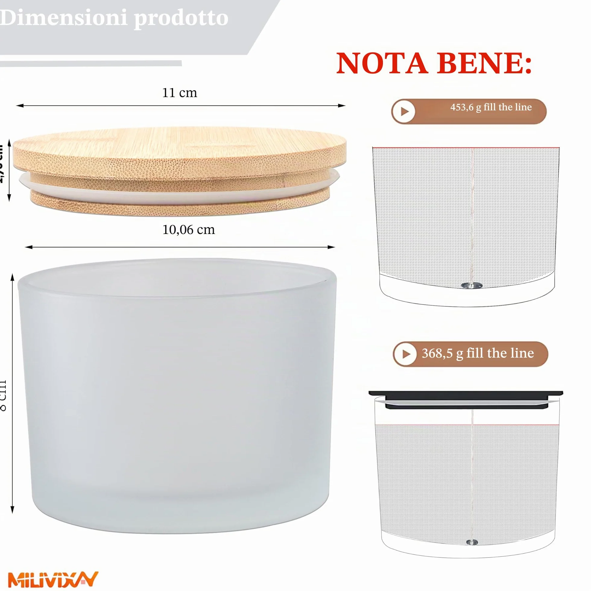 MILIVIXAY - Confezione da 6 barattoli per candele da 16 once con coperchi in bambù e kit per la produzione - 3 stoppini, vetro spesso e smerigliato bianco in massa per candele grandi - Contenitori per