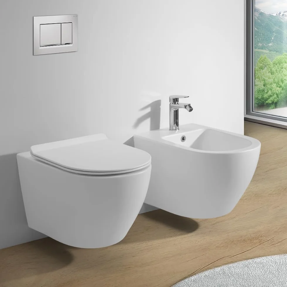 Coppia Sanitari Sospesi Tokyo Rimless Bianco Opaco WC E Bidet Con Sedile Soft-Close