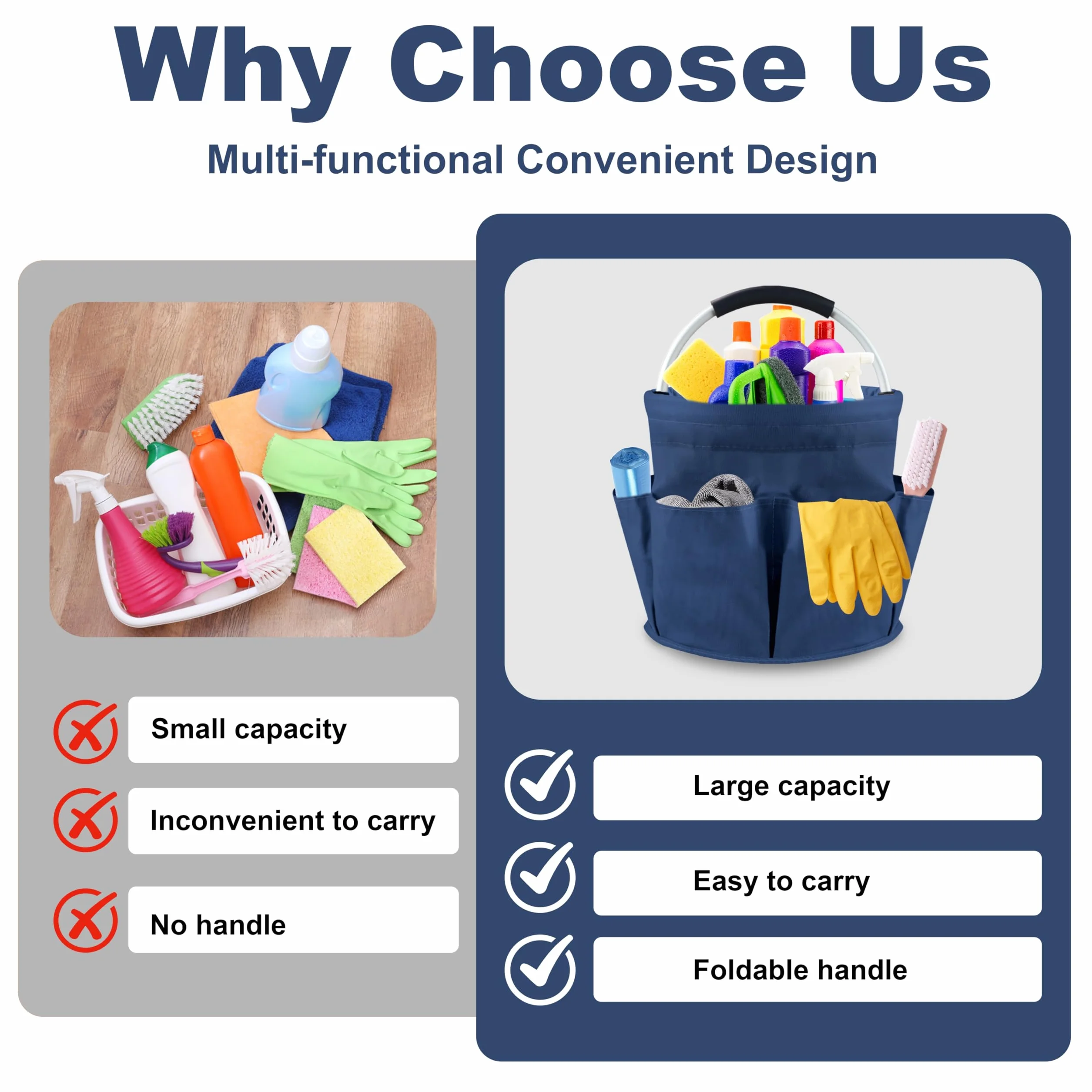 Cesto per la Conservazione, Carrello Pulizie con Manico, Grande Contenitore Organizer per Pulizia, Multi Tasche, Borsa per Pulizia (Blu scuro)