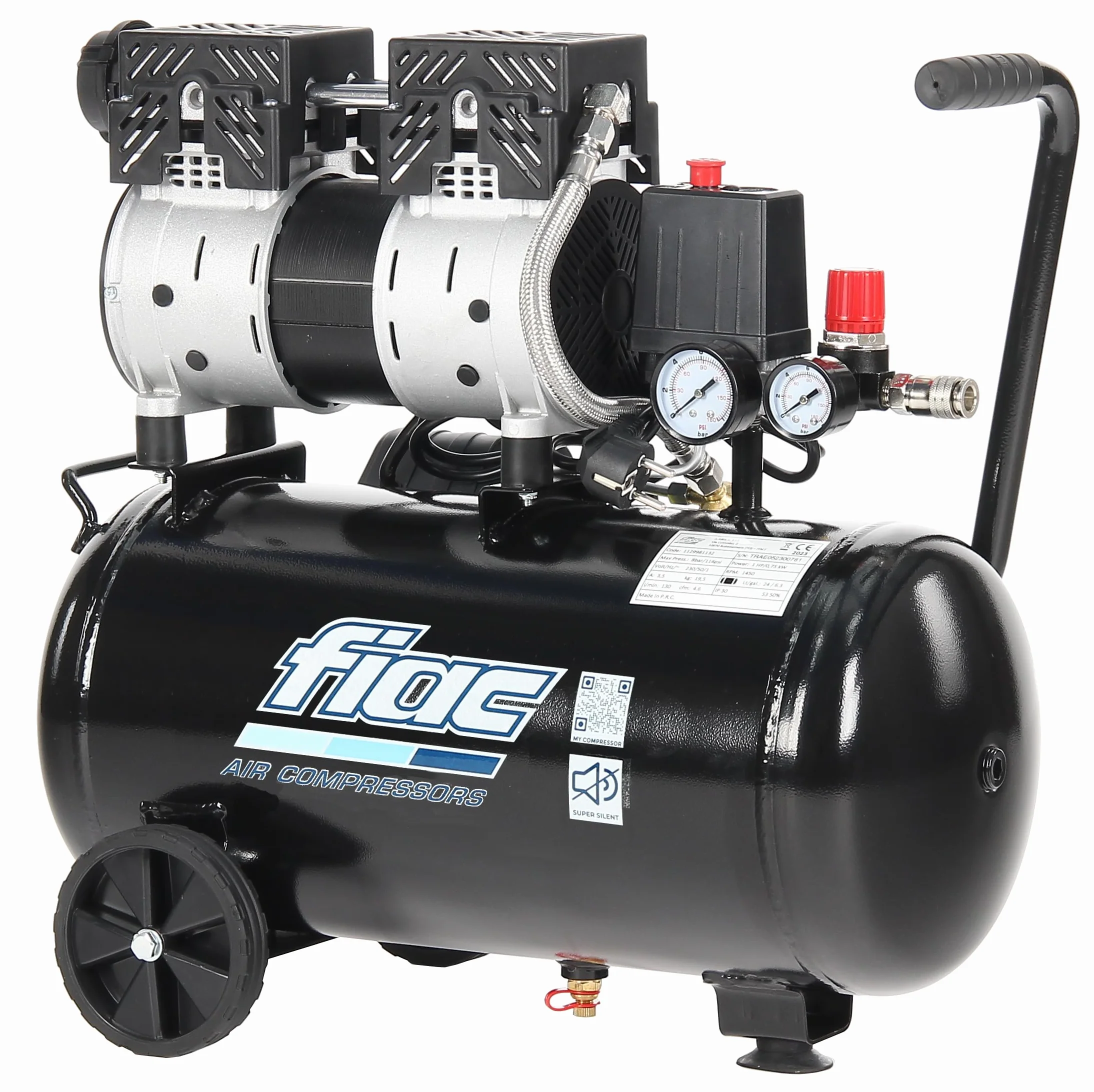 FIAC Compressore d'Aria Mobile Silenzioso SUPERSILENT 24, Compressore Aria Senza Olio, Pressione Massima 8 Bar, Potenza 1 CV, Serbatoio 24 Litri, Rumorosità 58 dB LpA