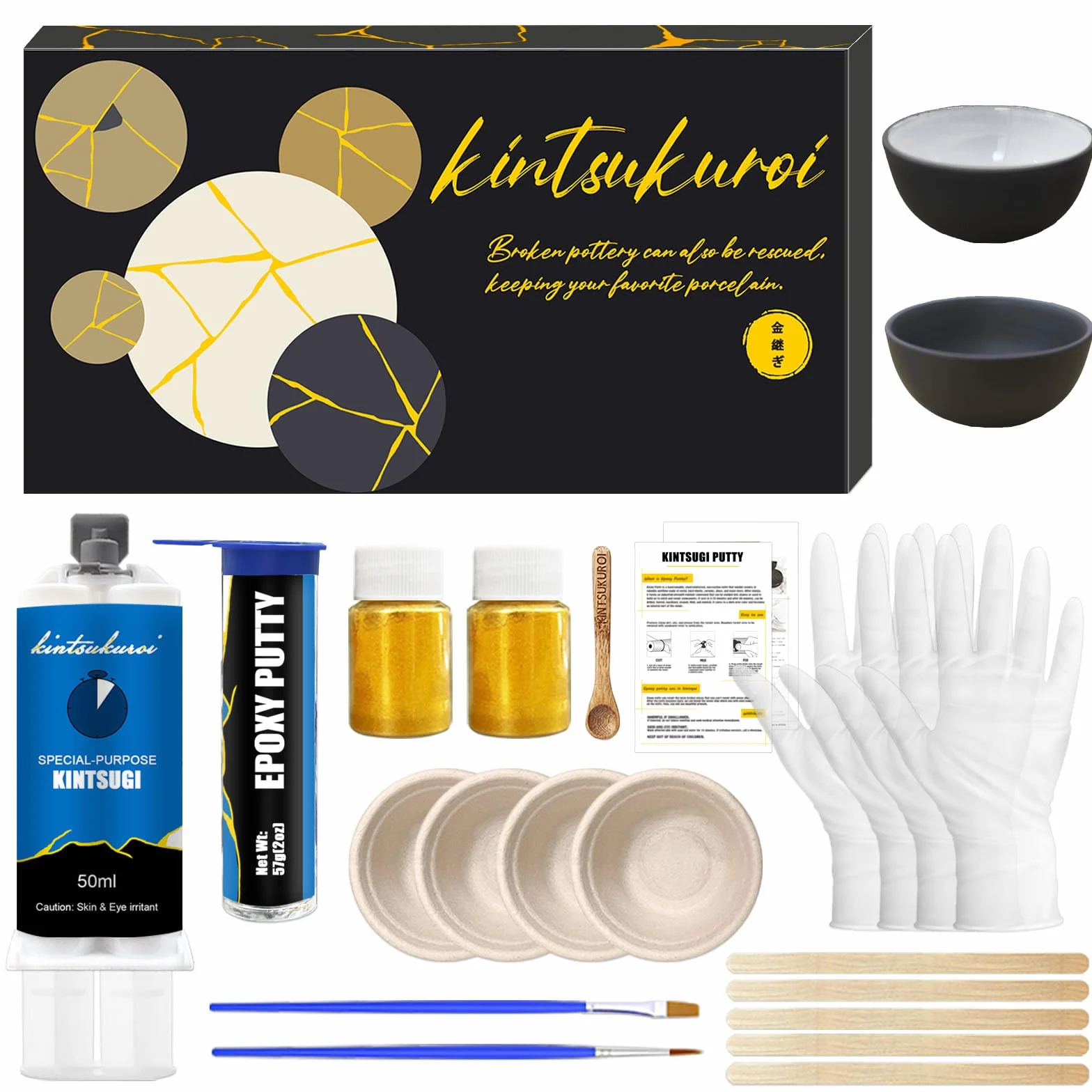 Kit di riparazione Kintsugi oro, kintsugi repair kit, ripara Ceramiche rotte con polvere d'oro e stucco epossidic, per principianti che restaurano regali significativi, Con 2 tazze di pratica