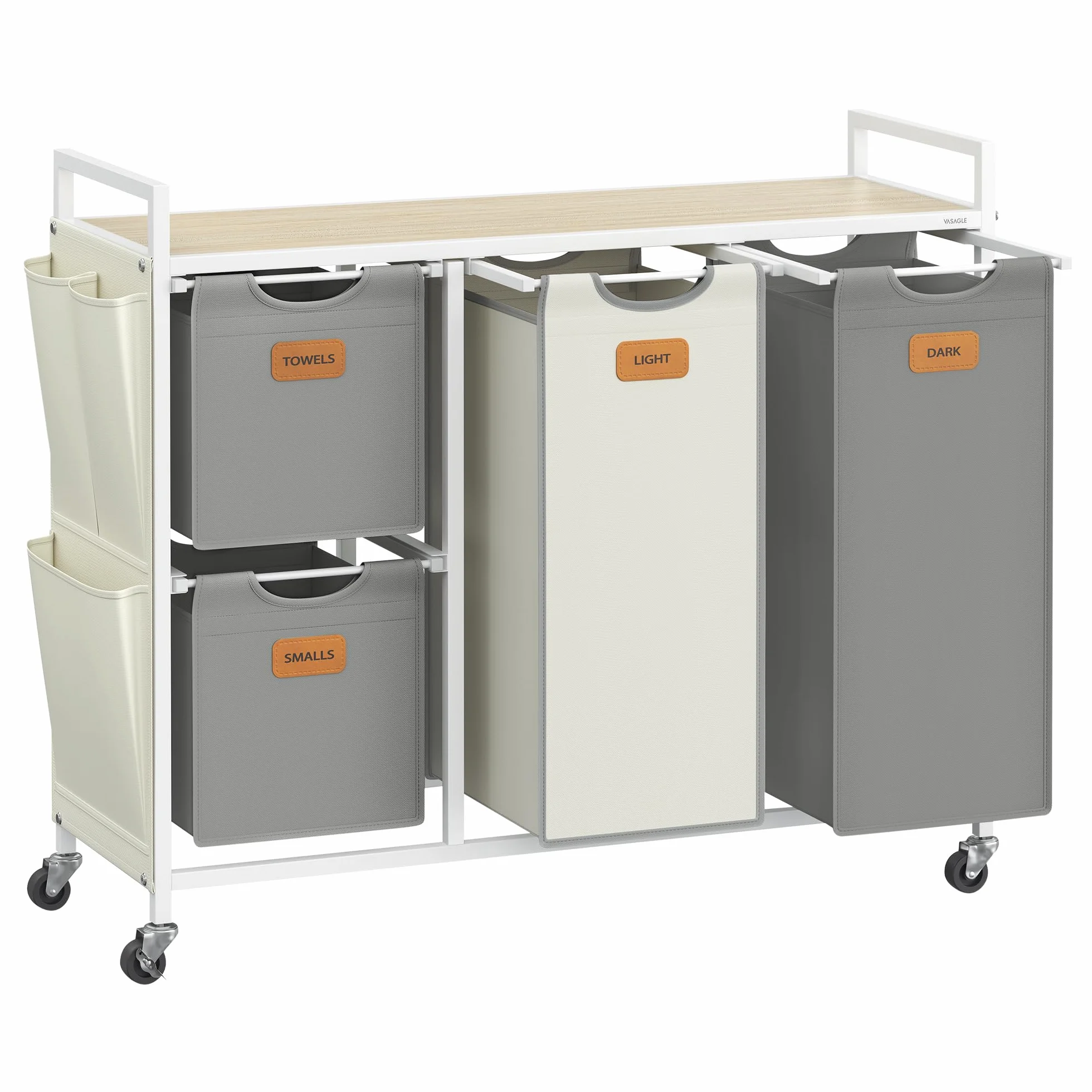 VASAGLE Cesto Portabiancheria 4 Scomparti, Porta Biancheria 150 L, Carrello per Biancheria con Piano, Sacchi, Tasche Laterali, 6 Etichette, Beige Naturale, Grigio Tortora e Bianco Crema BLH203G01