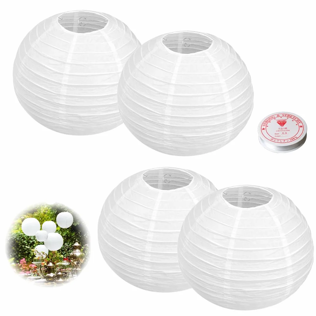 4 pezzi Lanterne Cinesi, 20cm Lanterna di carta Rotonde, White Lanterne di carta da Appendere Decorazione per Decorazioni Domestiche, Feste e Matrimoni, Con cavo decorativo di 60 m