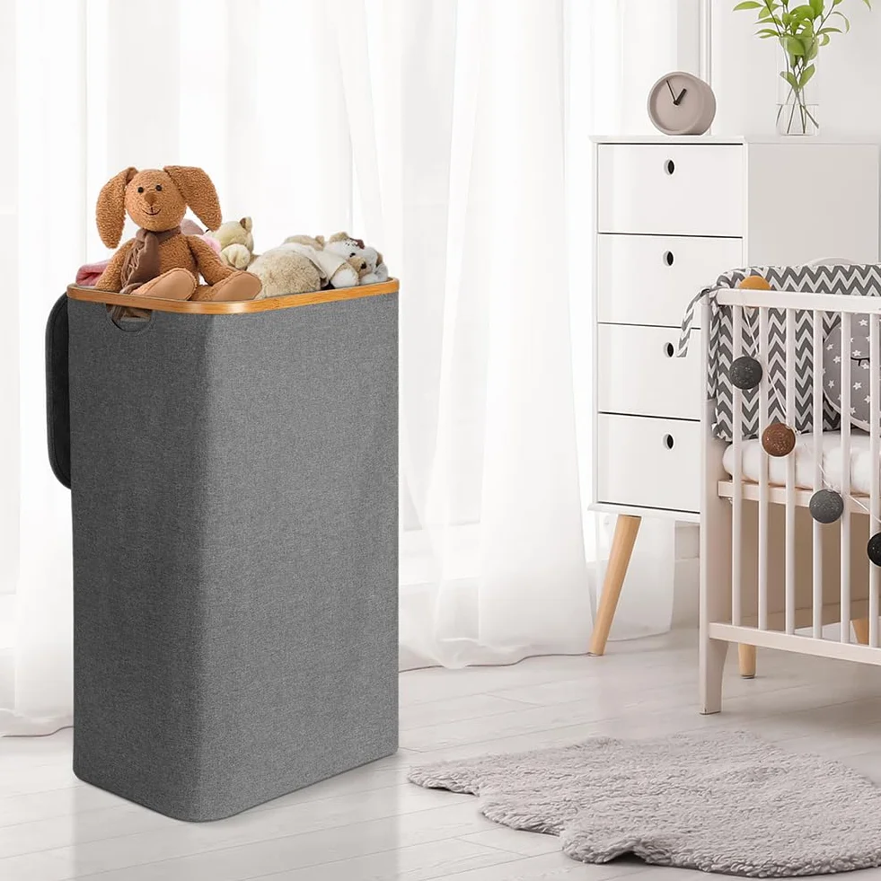 OUSFOT Cesto Portabiancheria Sporca per Bagno Grigio 105L Cesta Portabiancheria in Bambù con Coperchio Porta Biancheria Sporca con Manici Cesto Panni Sporchi