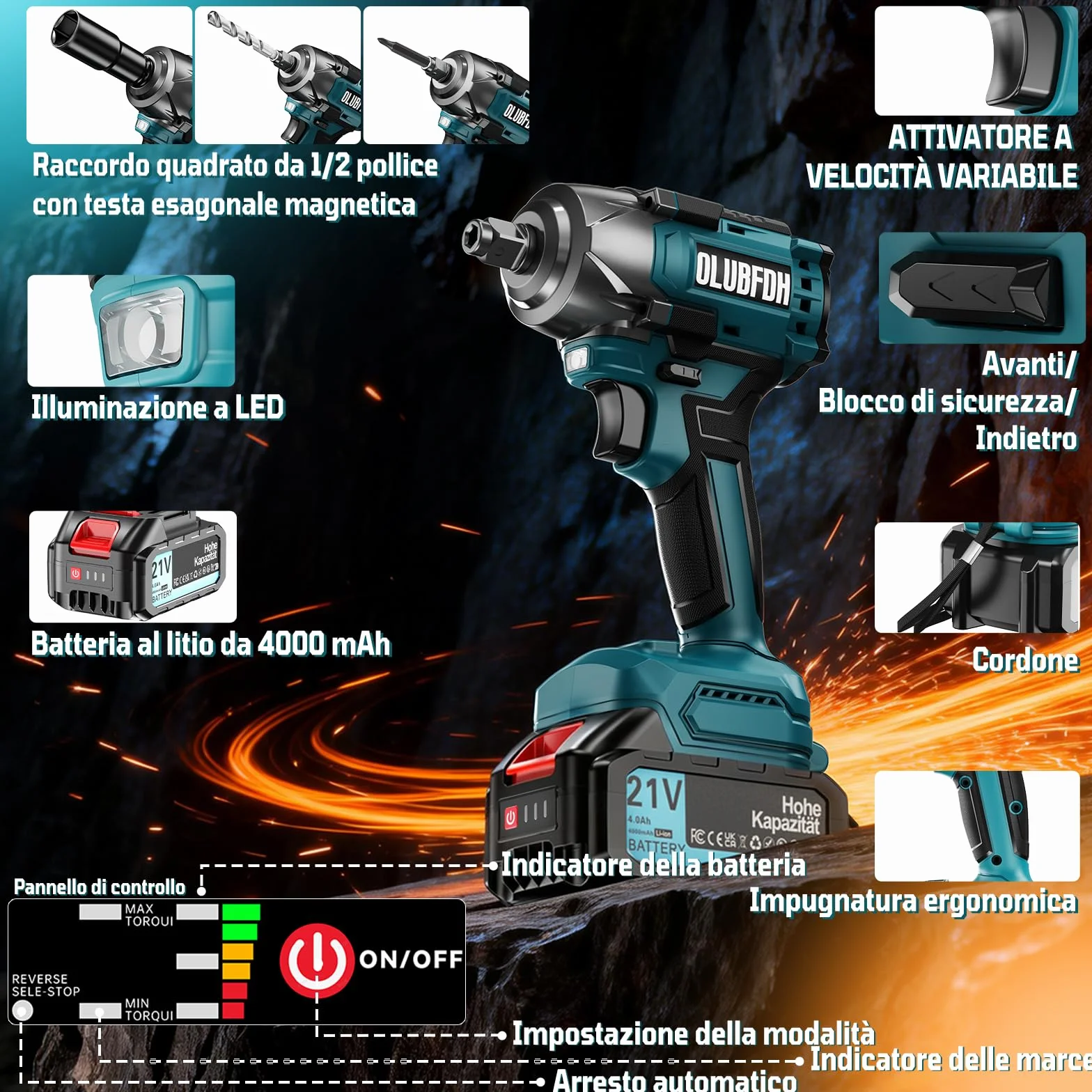 Avvitatore a Impulsi Brushless 500 Nm 1/2" a Batteria 3-in-1 con Batterie 4,0 Ah