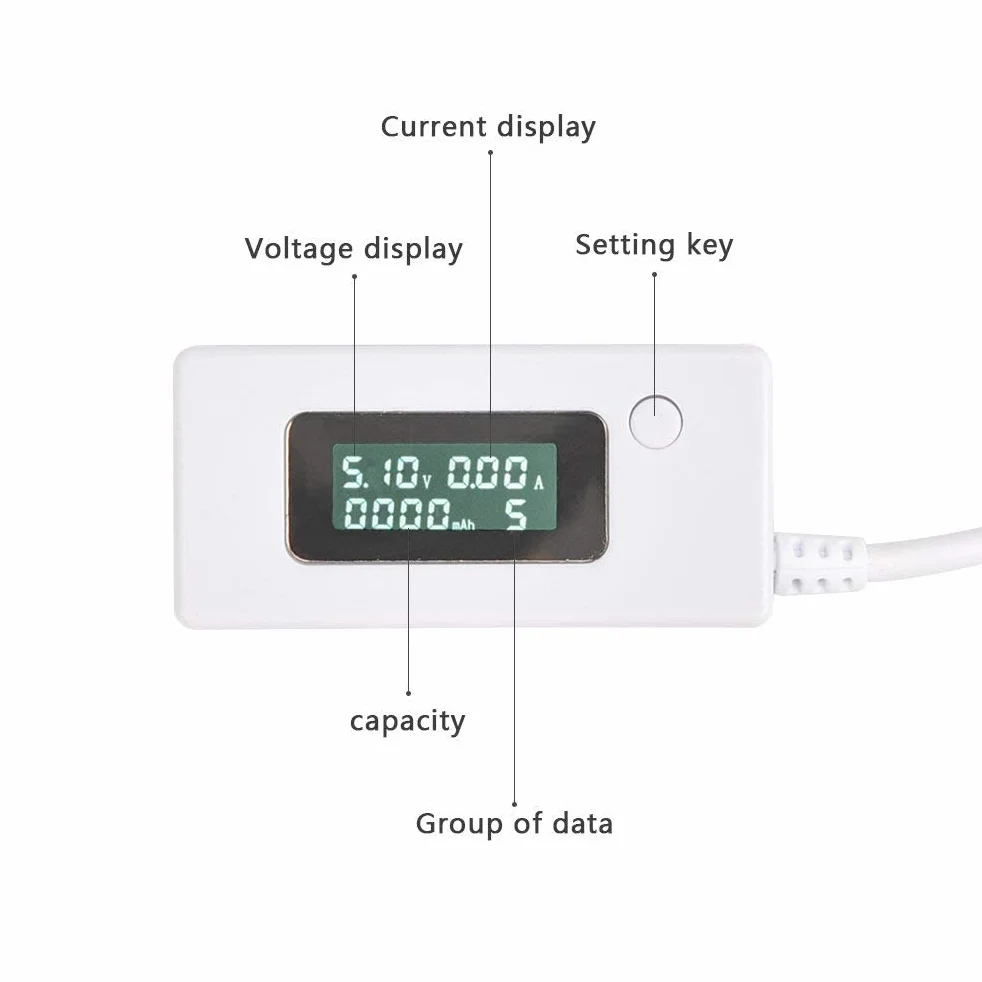 ARCELI Retroilluminazione LCD a coda bianca Display digitale LCD Misuratore di voltaggio di carica amperometro con amperometro USB
