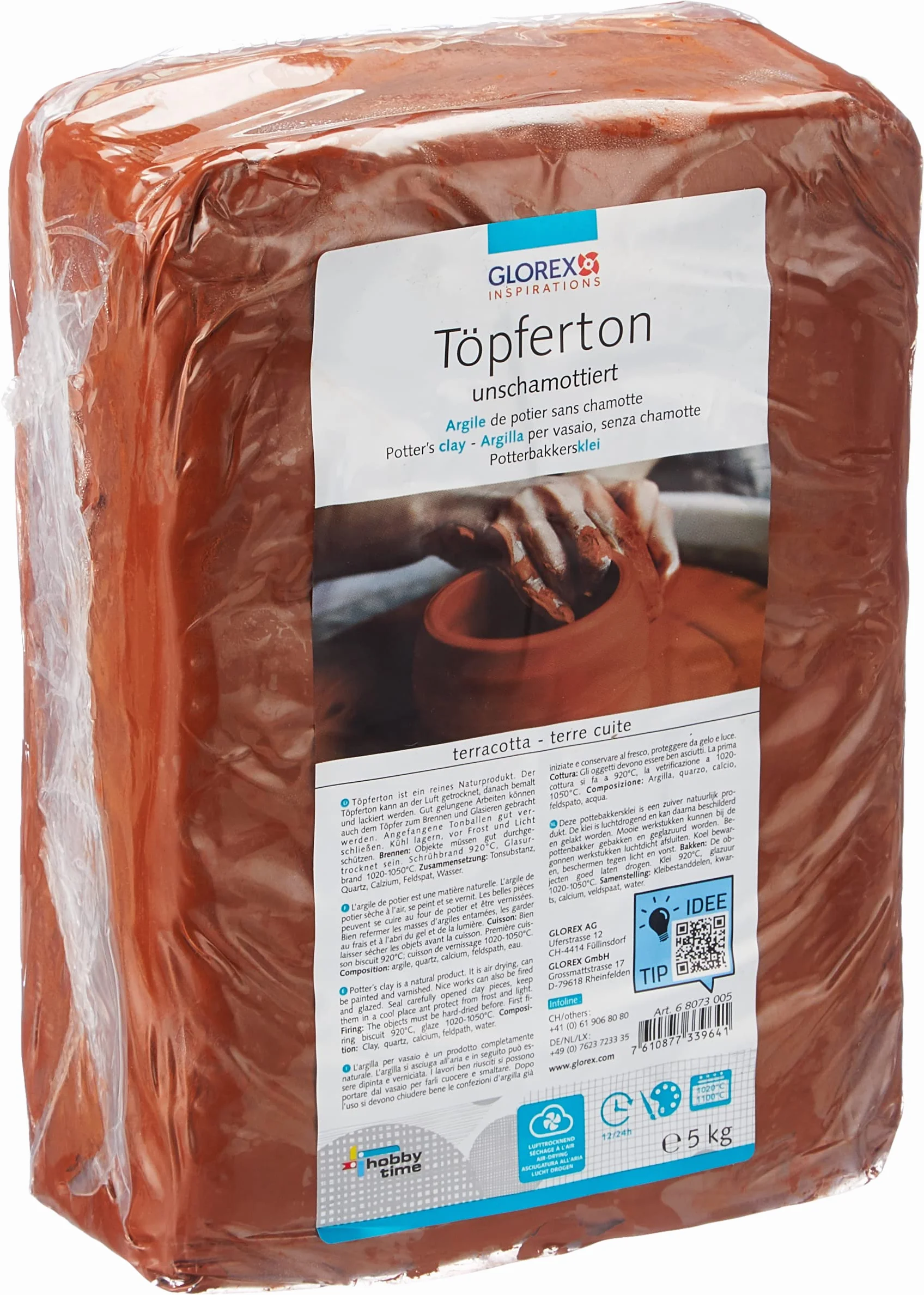 GLOREX 6 8073 005 - Argilla da vasaio, Non refrattaria, 5 kg in Terracotta, Liscia e Facile da Lavorare, Senza Contenuto di Argilla refrattaria, indurente all'Aria e refrattaria, Adatta al tornio