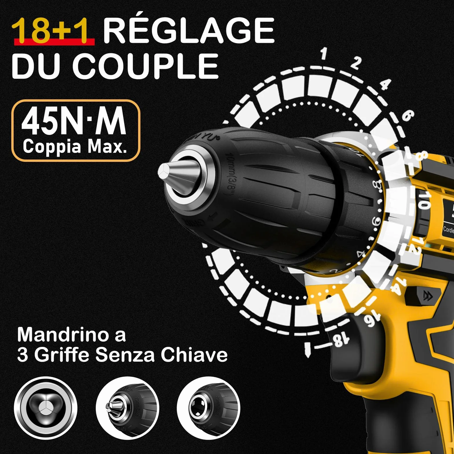 Sundpey Trapano Avvitatore Batteria 21V - Avvitatore a Batteria con 2 Batterie da 2.0Ah, 45Nm Max, 18+1 Coppia, 10mm Mandrino Trapano, Led Luce, 2 Velocita, 19pcs Avvitatore Elettrico Per Fai da te