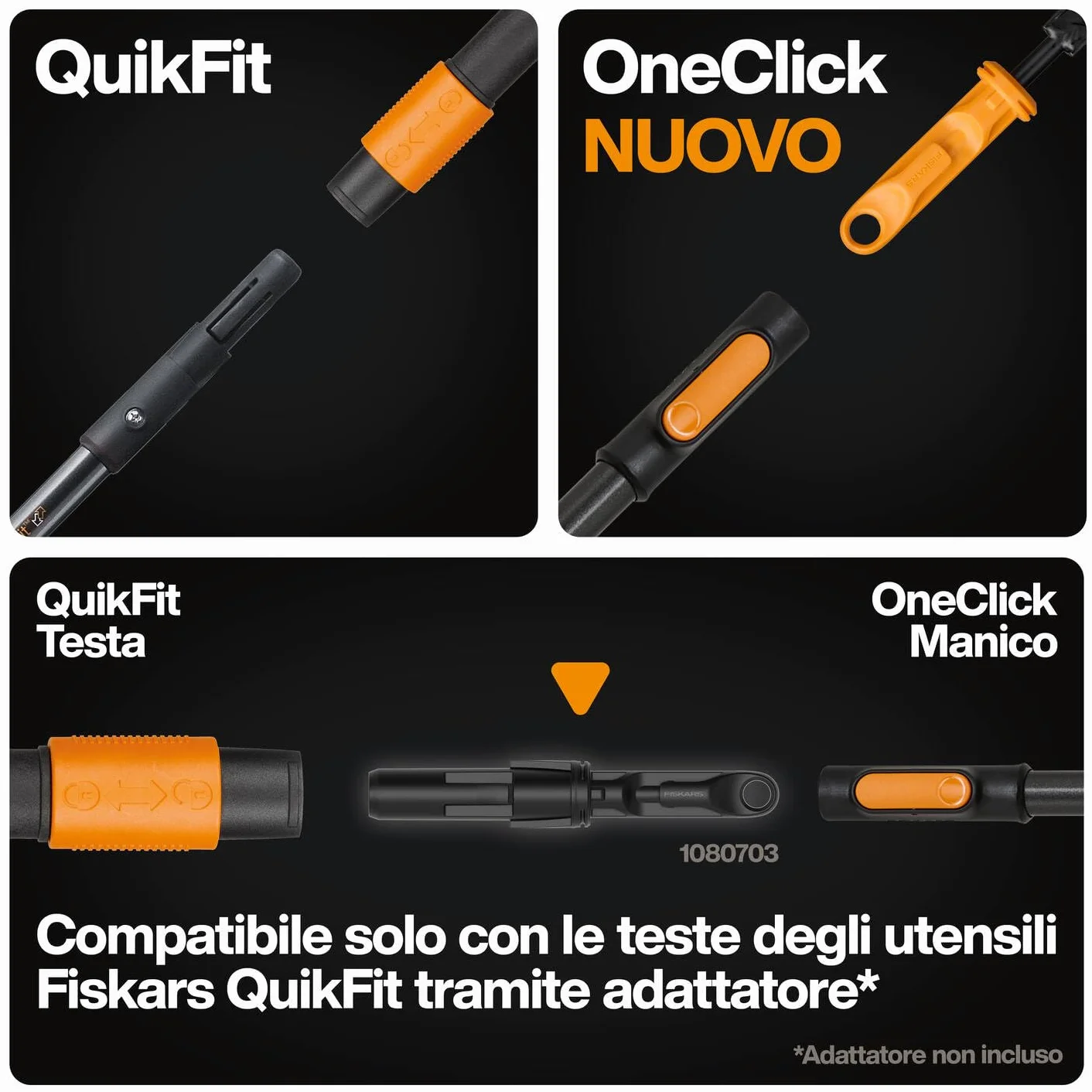 Fiskars Oneclick Manico in Legno FSC L, Manico Sostenibile in Legno di Frassino, Cambio senza Sforzo con un Clic, Adattatore QuikFit Disponibile Separatamente, Trattato a Cera, Nero/Arancione, 1080549