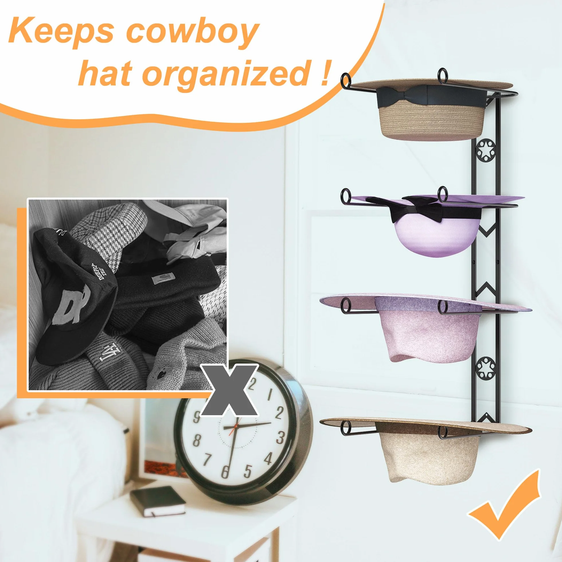 4 ganci per cappelli da cowboy, da parete, con stella decorativa, in metallo, per cappelli da cowboy, spiaggia, Fedora, cappelli da sole (nero)