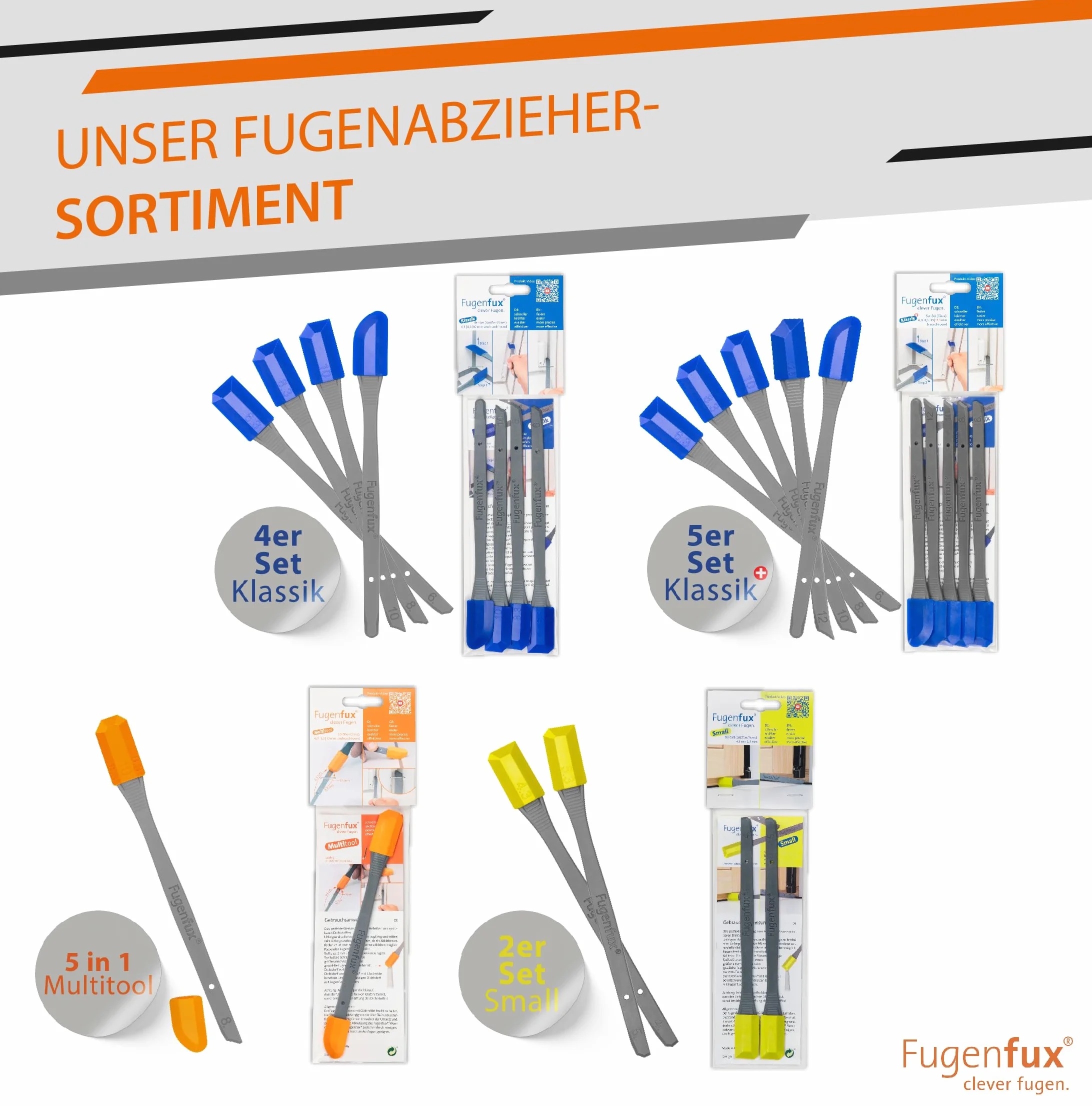 FUGENFUX® Modello 2025 MULTITOOL - Estrattore fughe 2 in 1 con rivoluzionaria punta magica e 5 stampi per fughe - Piastra versatile, Estrattore silicone, Made in Germany, ideale per silicone, acrilico